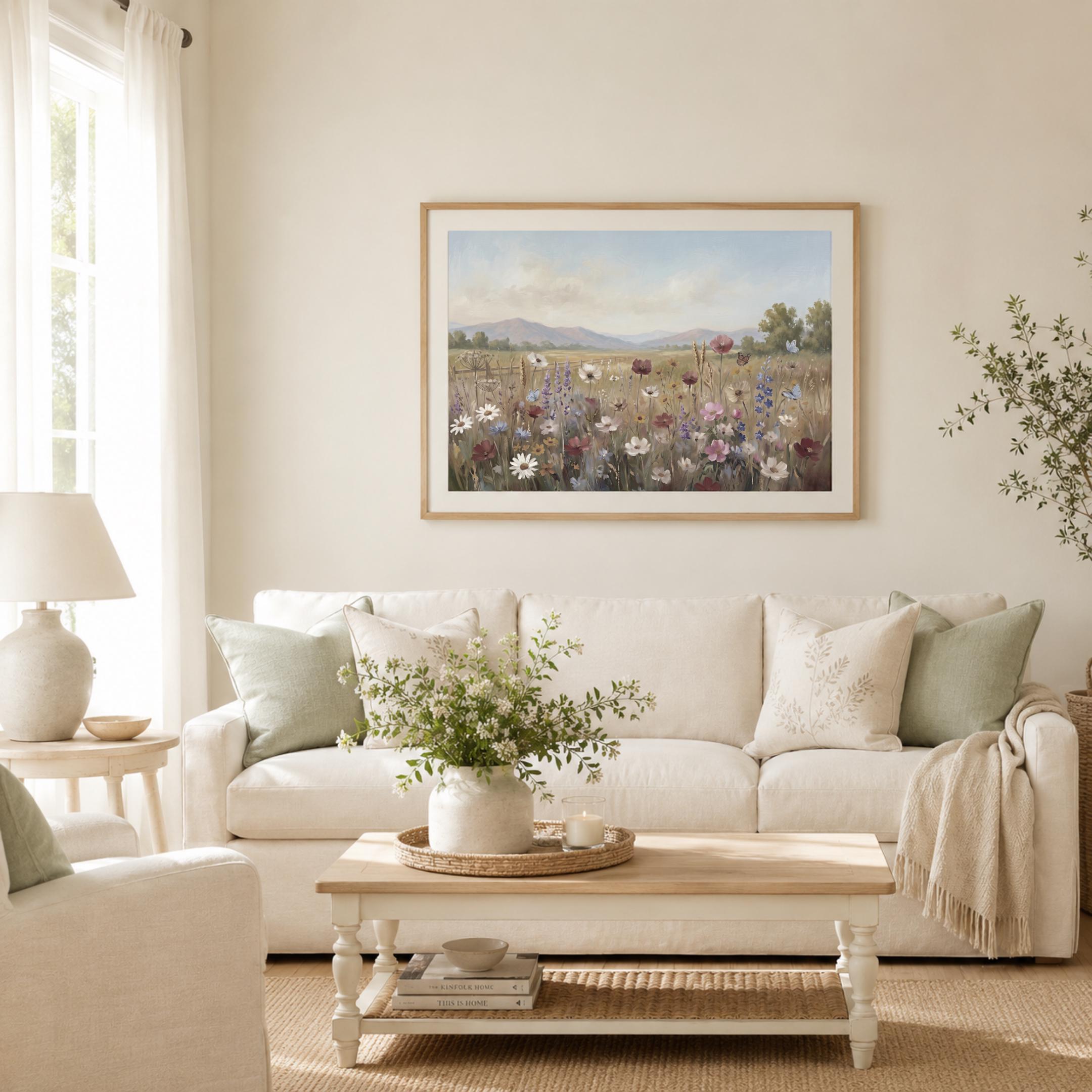 Floral Landscape Print, Cottage Meadow Wall Art, Summer Wildflower and Butterfly Print (Digital Download) — image 4