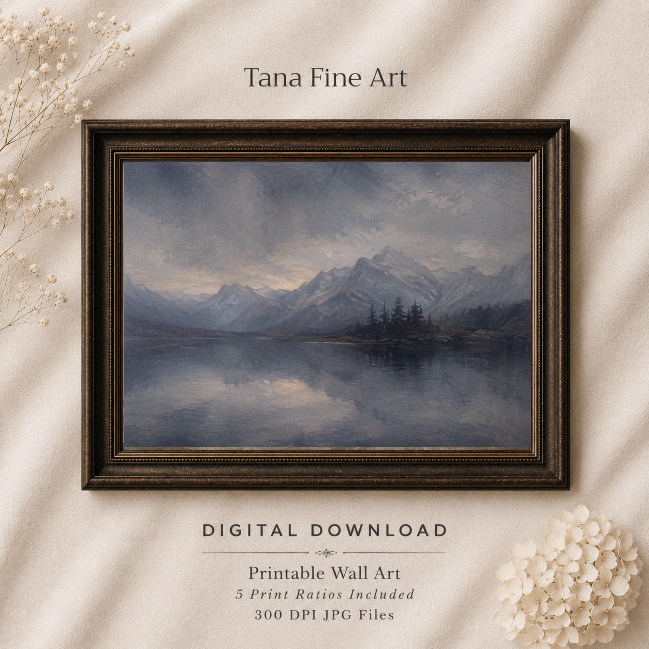 Moody Mountain Lake Printable Wall Art, Vintage Alpine Landscape, Rustic Cabin Dark Academia Decor