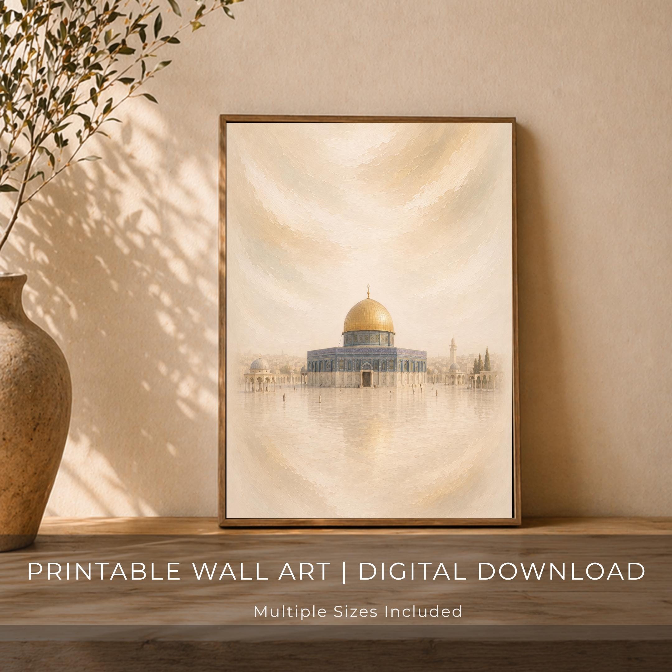 Golden Dome Jerusalem Inspired Islamic Wall Art, Neutral Mosque Print (Digital Download)