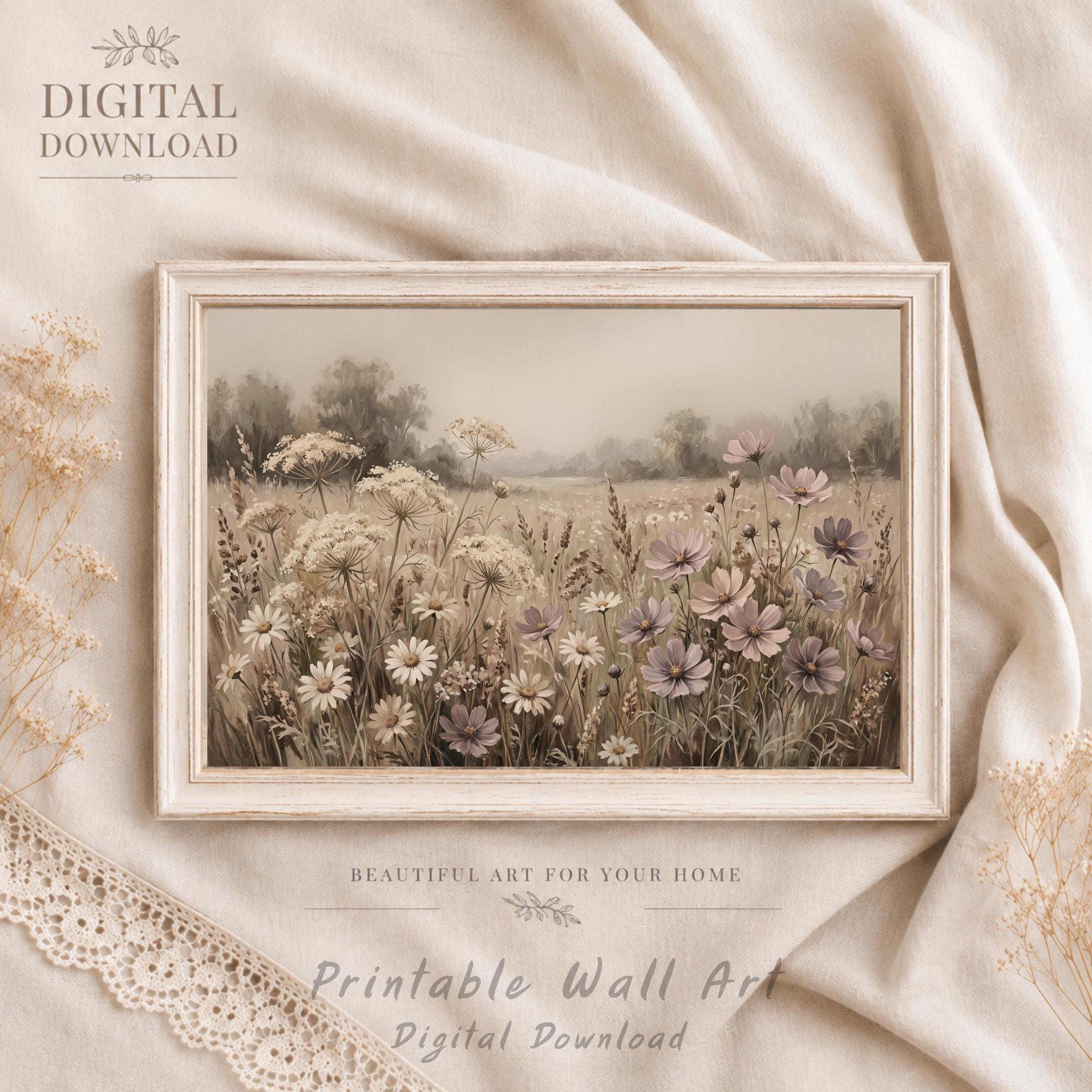 Neutral Floral Landscape Print, Wildflower Meadow Wall Art, Soft Cottage Prints (Digital Download)