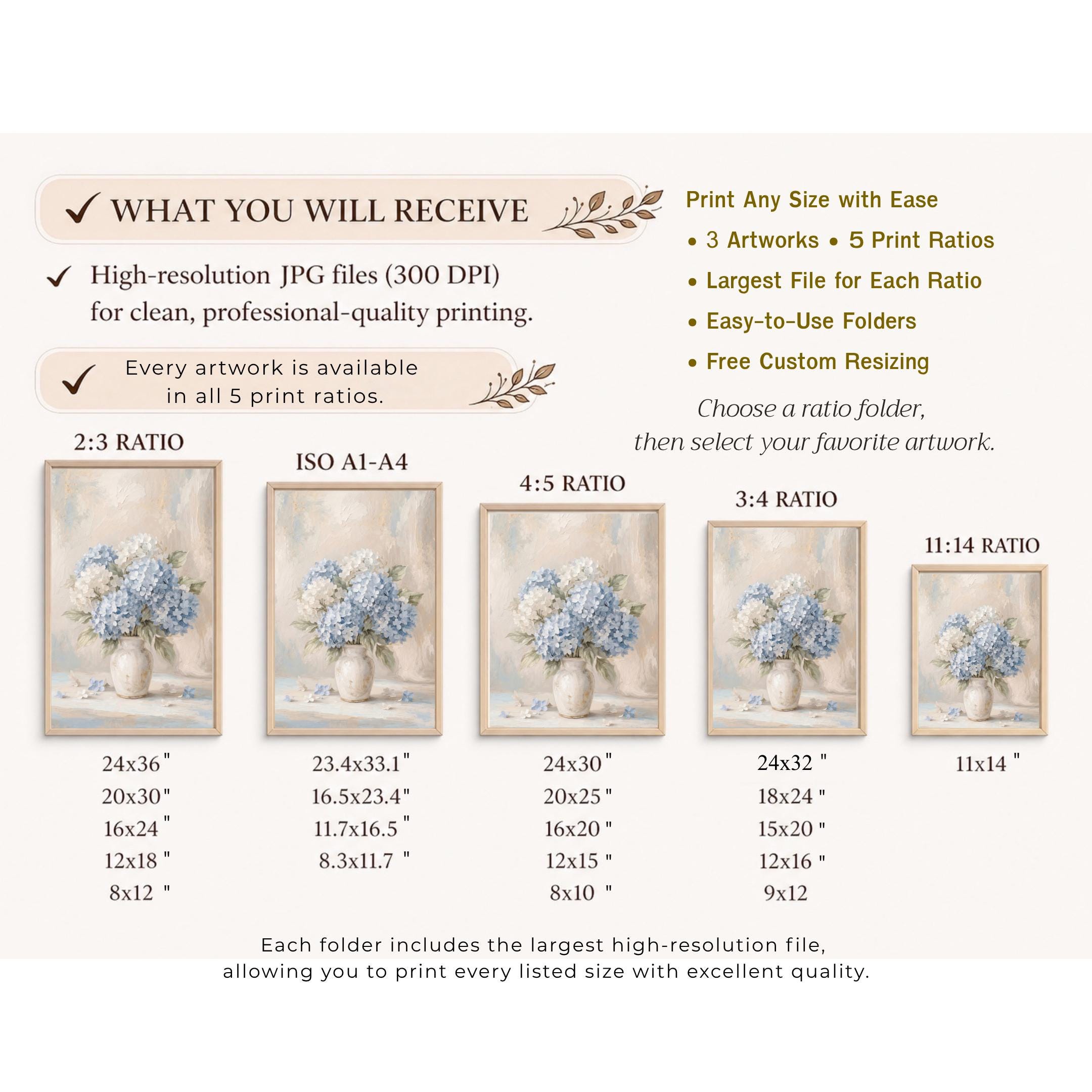 Gallery Wall Set of 3 Blue Hydrangea Art Prints, Coastal Cottage Decor (Digital Download) — image 8