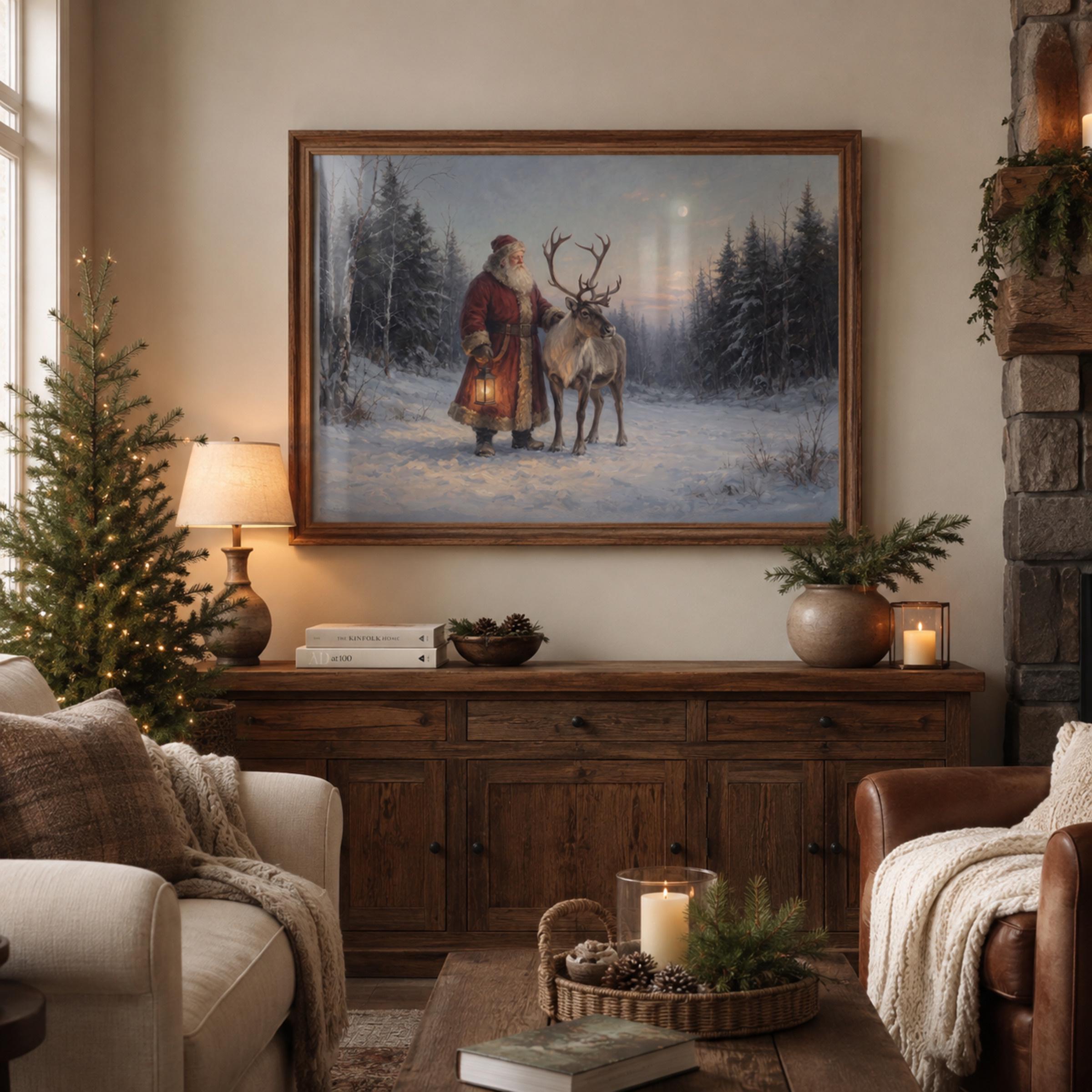 Vintage Santa Wall Art | Santa and Reindeer Christmas Print | Winter Landscape Printable Digital Download — image 2