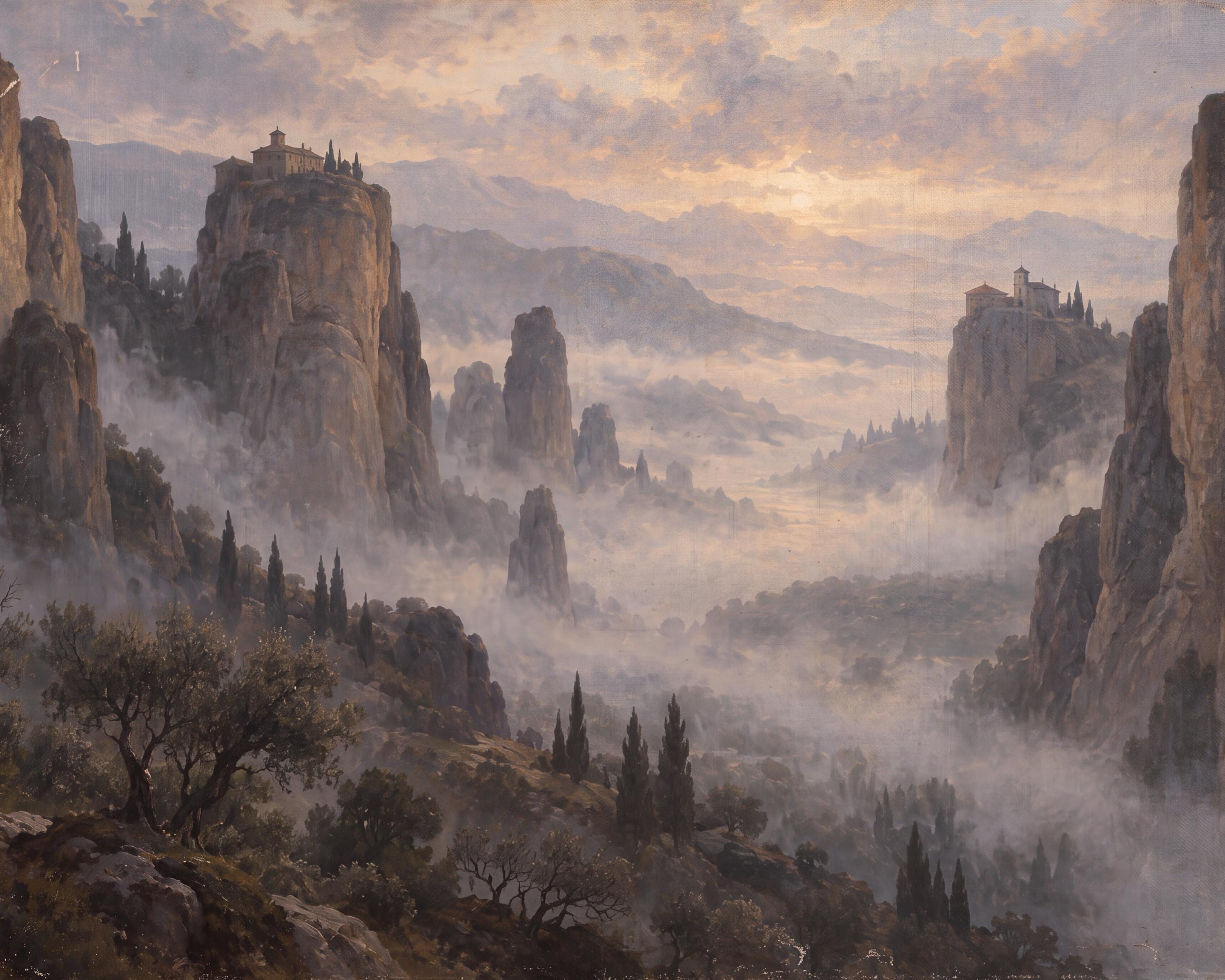 Vintage Misty Mountain Wall Art, Cliffside Monastery Landscape, Ethereal Valley, Rustic Mediterranean Digital Download — image 9