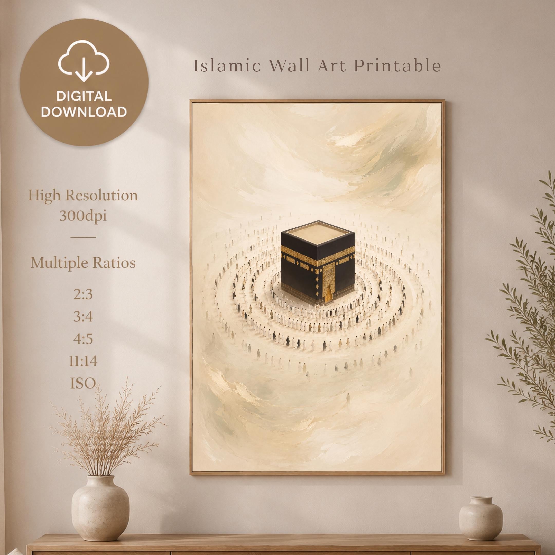 Kaaba Wall Art Printable, Islamic Mecca, Minimalist Neutral Prayer Room Muslim Decor (Digital Download)