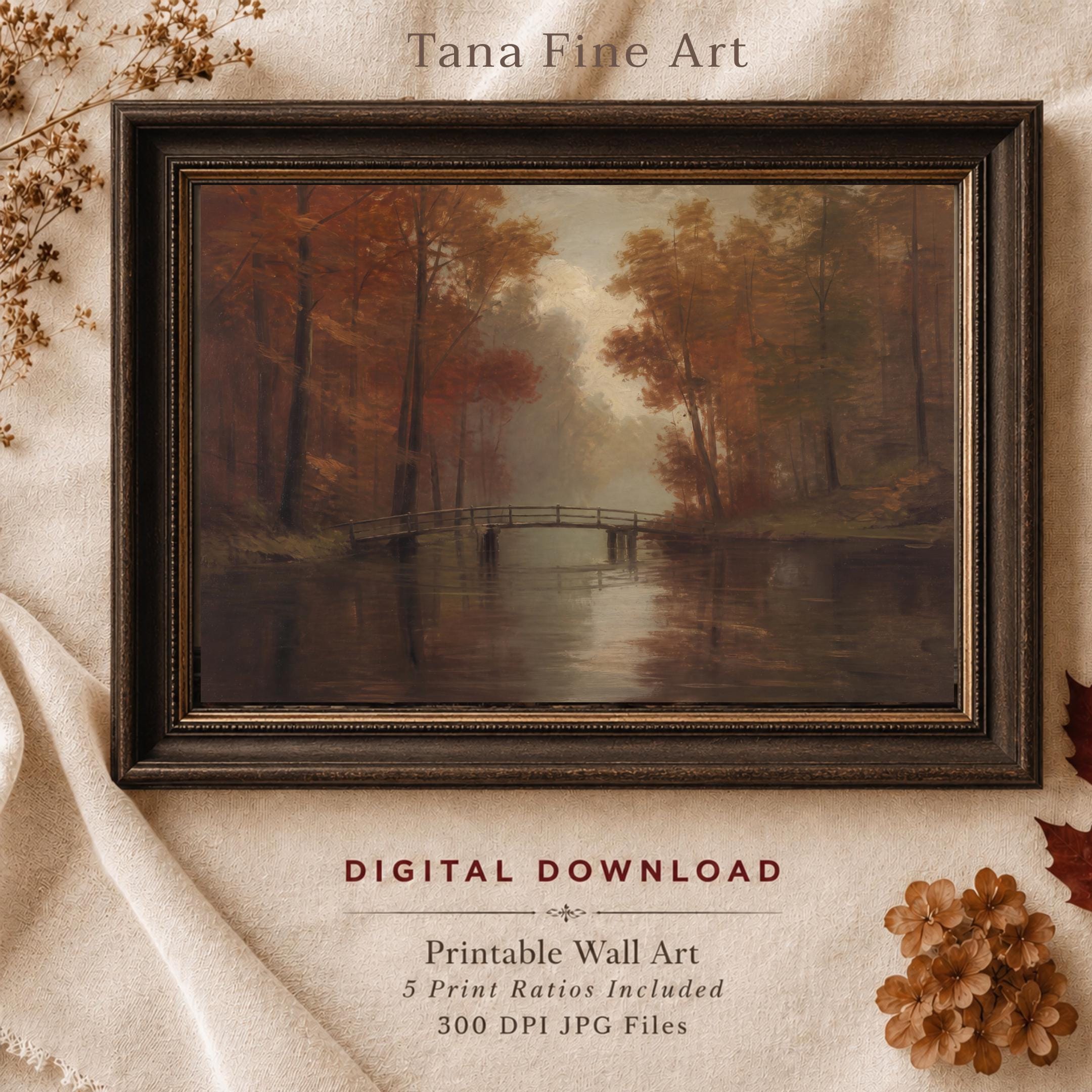 Moody Fall Forest Wall Art | Autumn River Bridge Print | Vintage Landscape Printable Digital Download — image 6