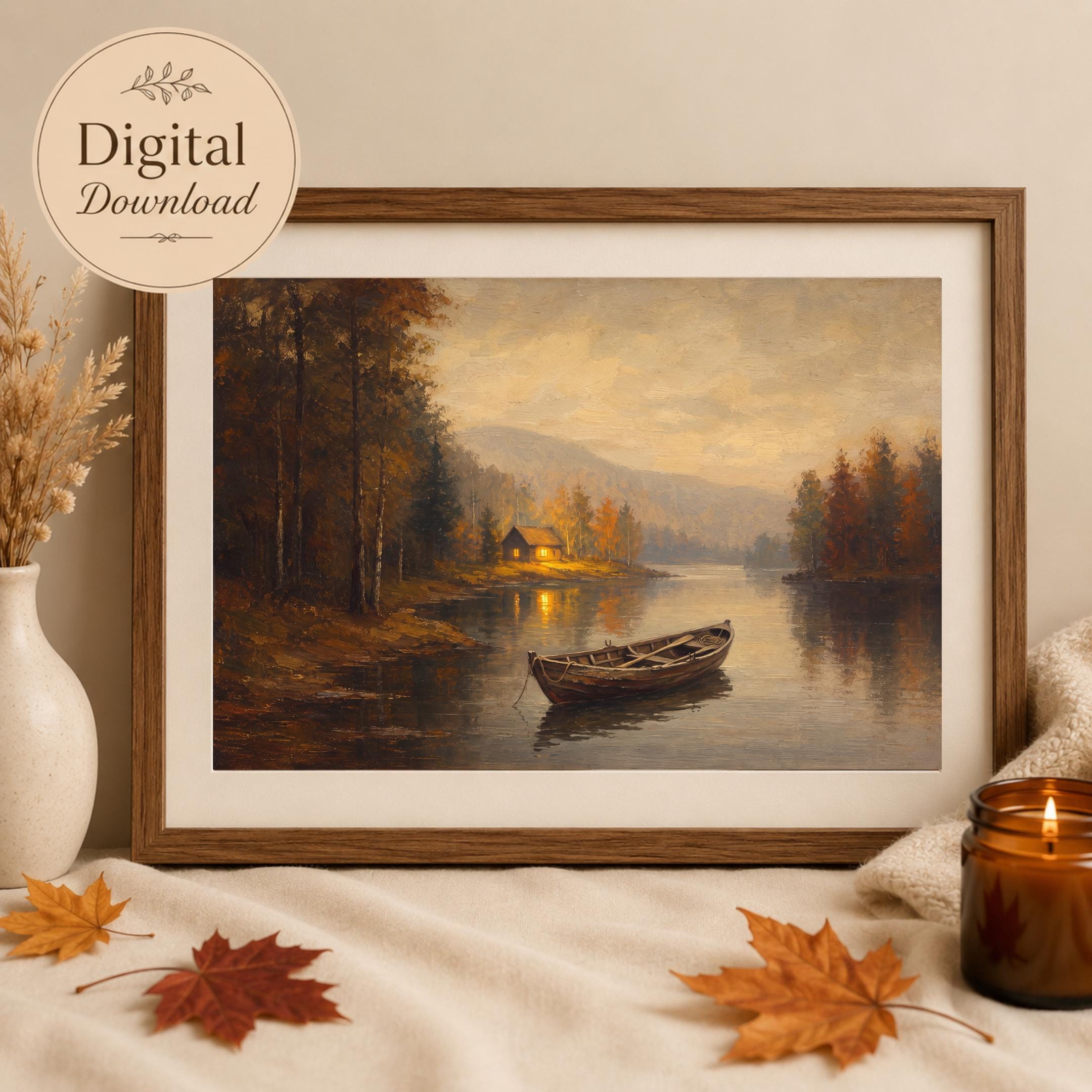 Fall Lake House Wall Art | Moody Vintage Boat Landscape Print | Rustic Printable Digital Download — image 6