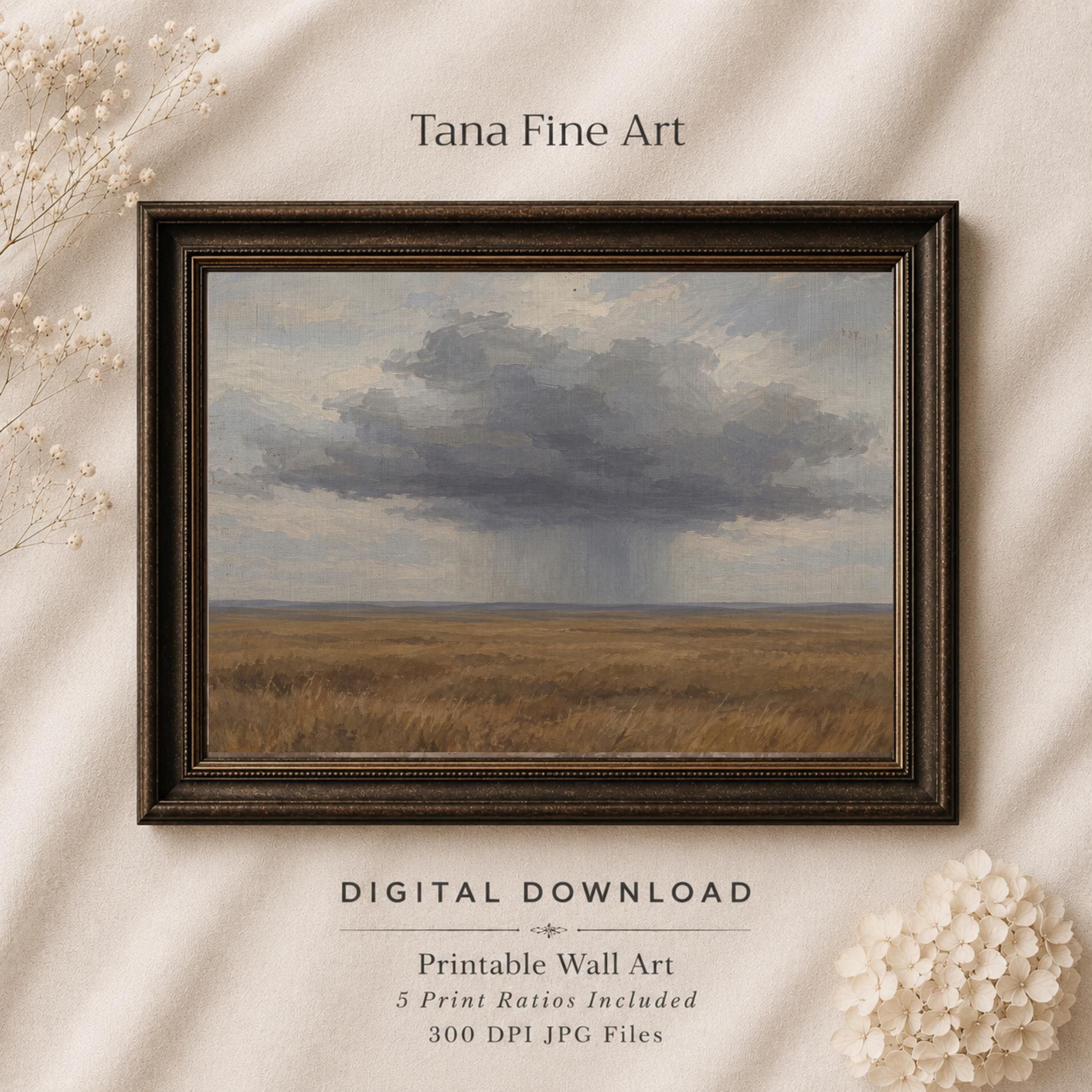 Moody Storm Cloud Landscape Art, Rustic Prairie Painting, Neutral Farmhouse Wall Decor Digital Download