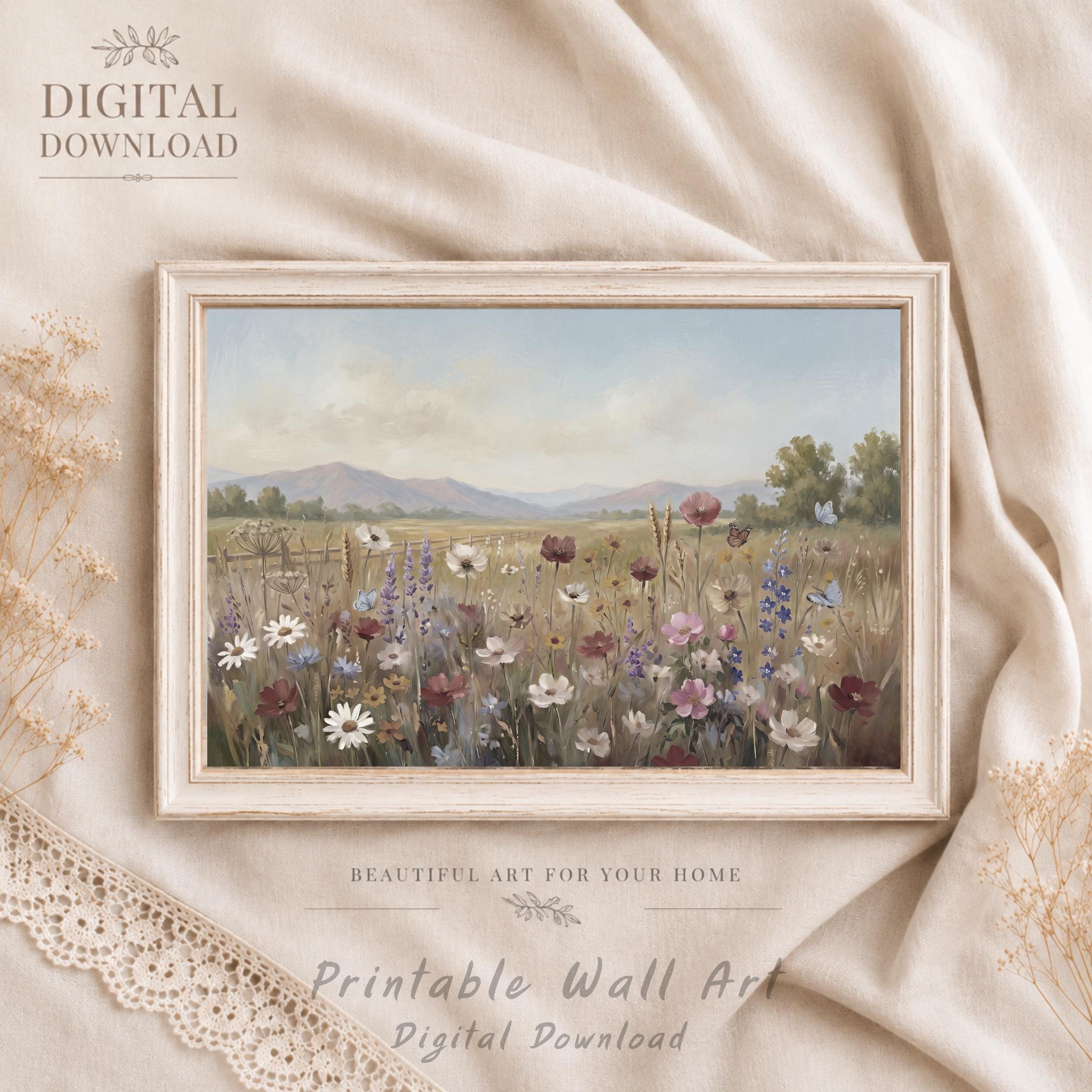 Floral Landscape Print, Cottage Meadow Wall Art, Summer Wildflower and Butterfly Print (Digital Download)