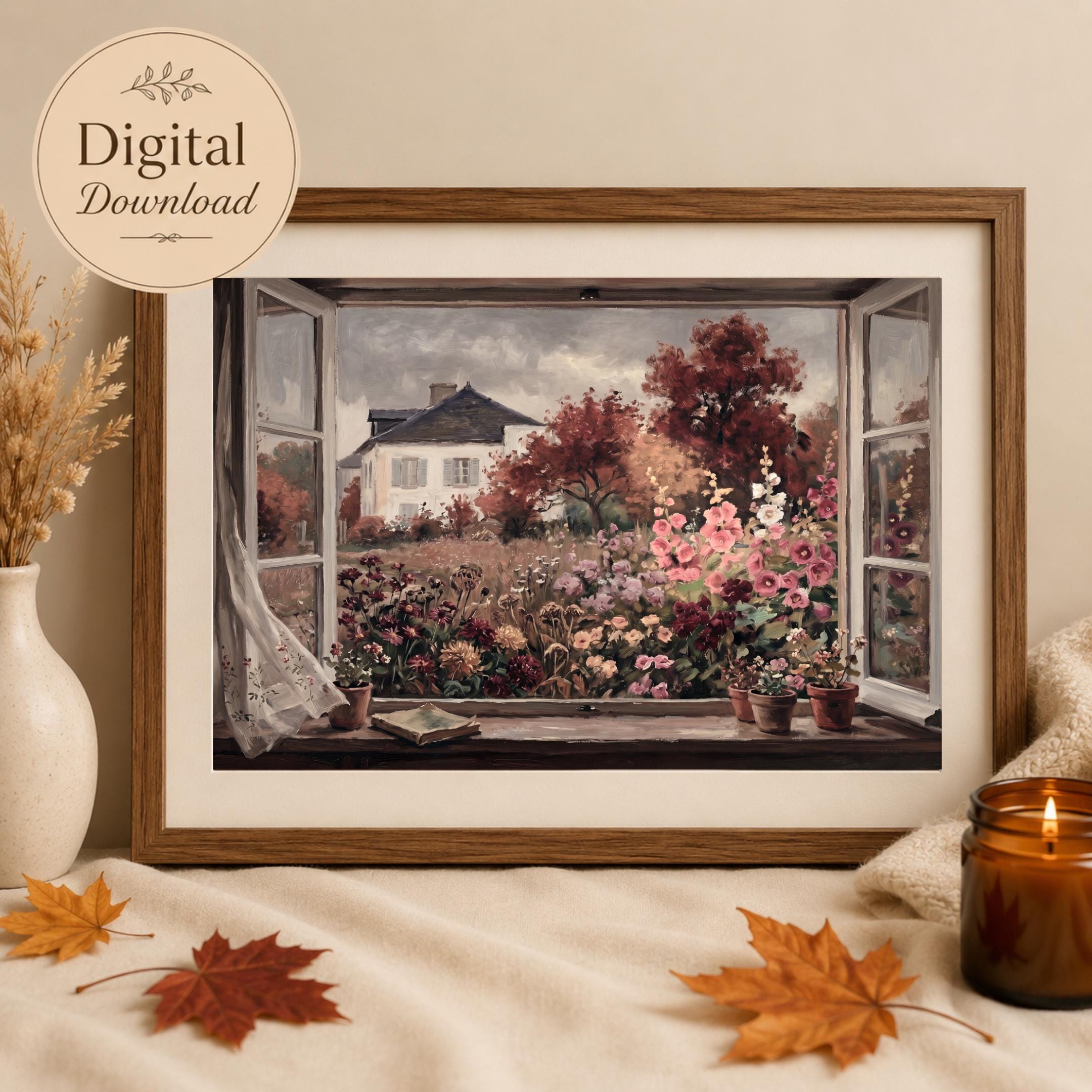 Autumn Cottage Window Wall Art, Moody Floral Garden Landscape, Rustic Fall Decor (Digital Download) — image 6