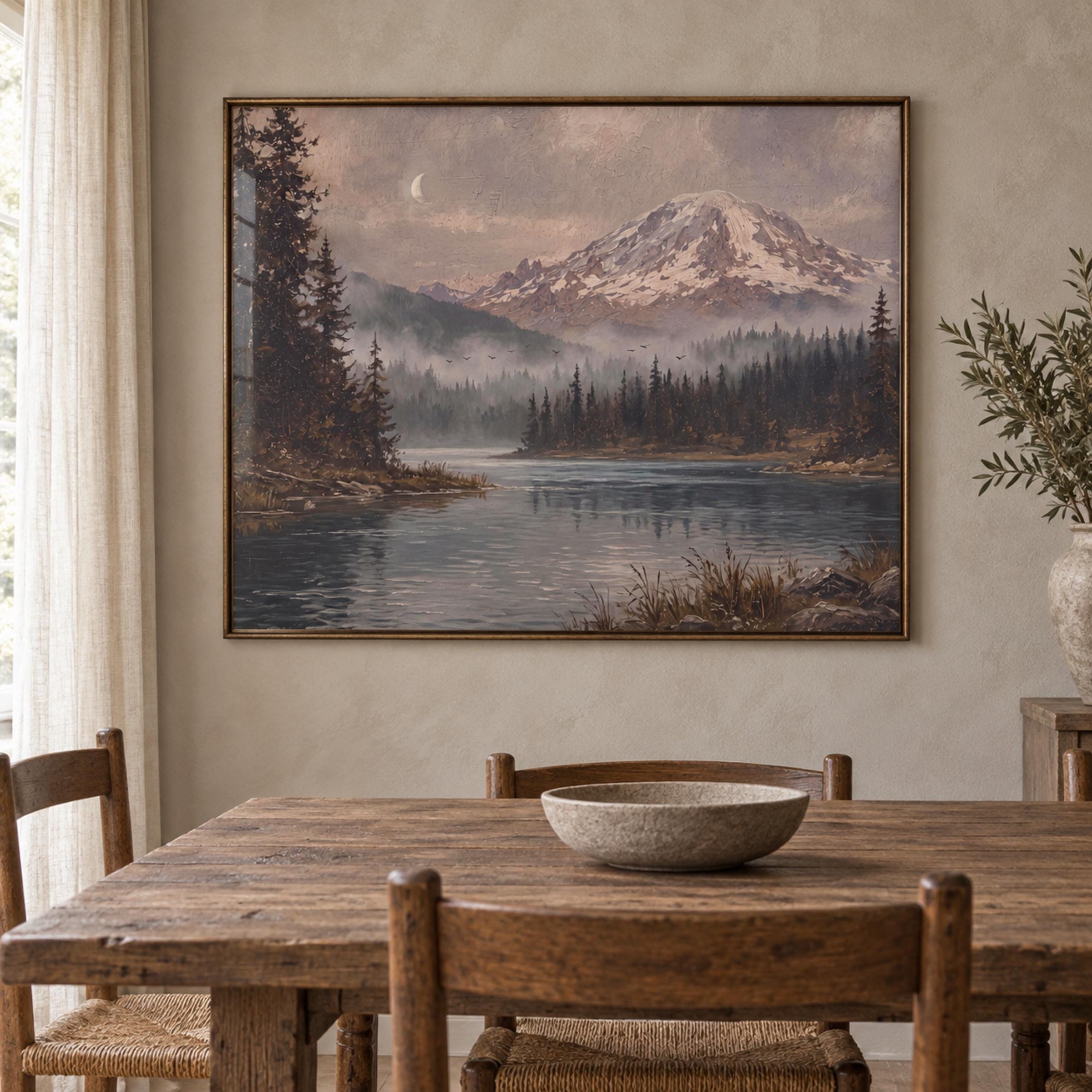 Moody Mountain River Printable Wall Art, Vintage Forest Landscape, Crescent Moon, Rustic Digital Download — image 3
