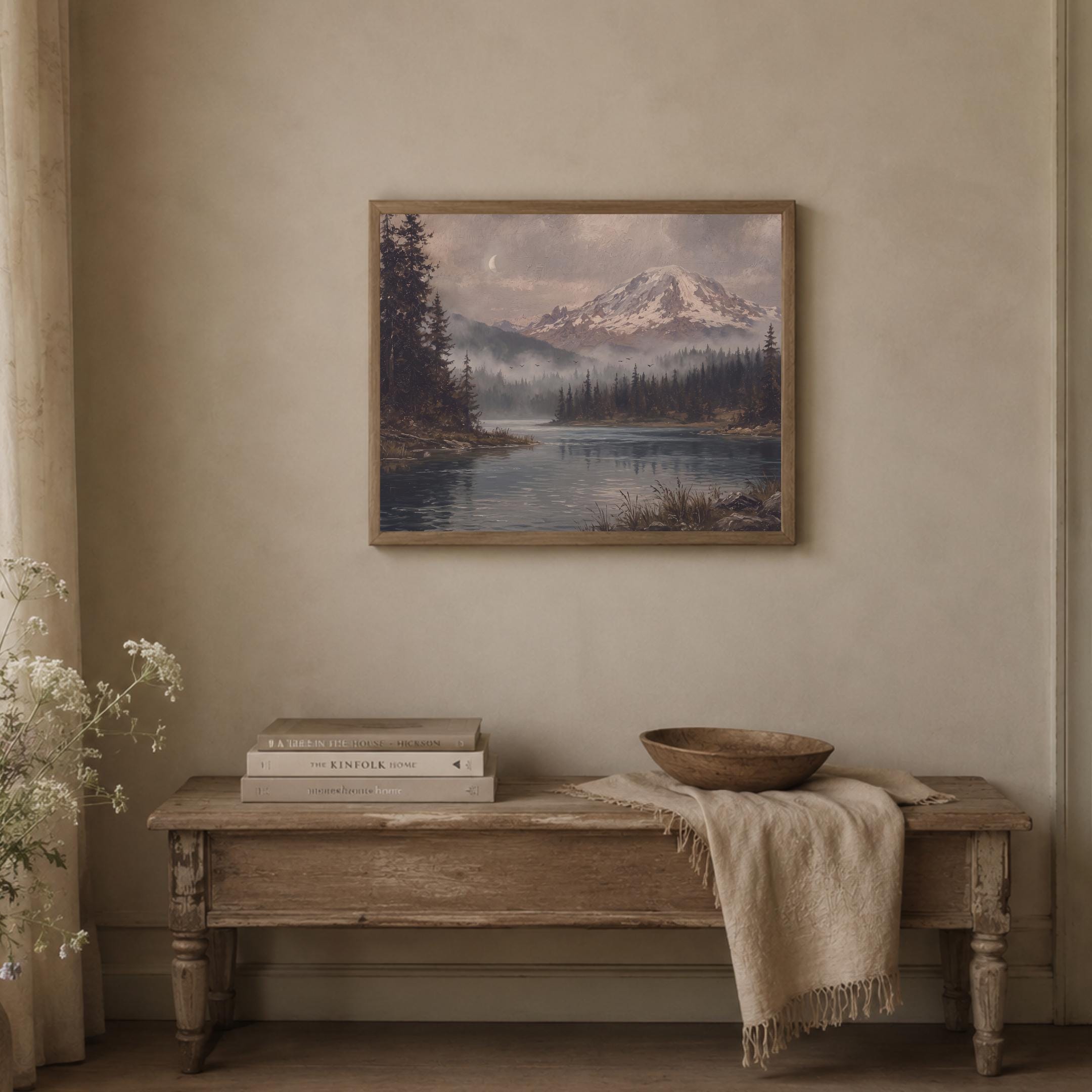 Moody Mountain River Printable Wall Art, Vintage Forest Landscape, Crescent Moon, Rustic Digital Download — image 8