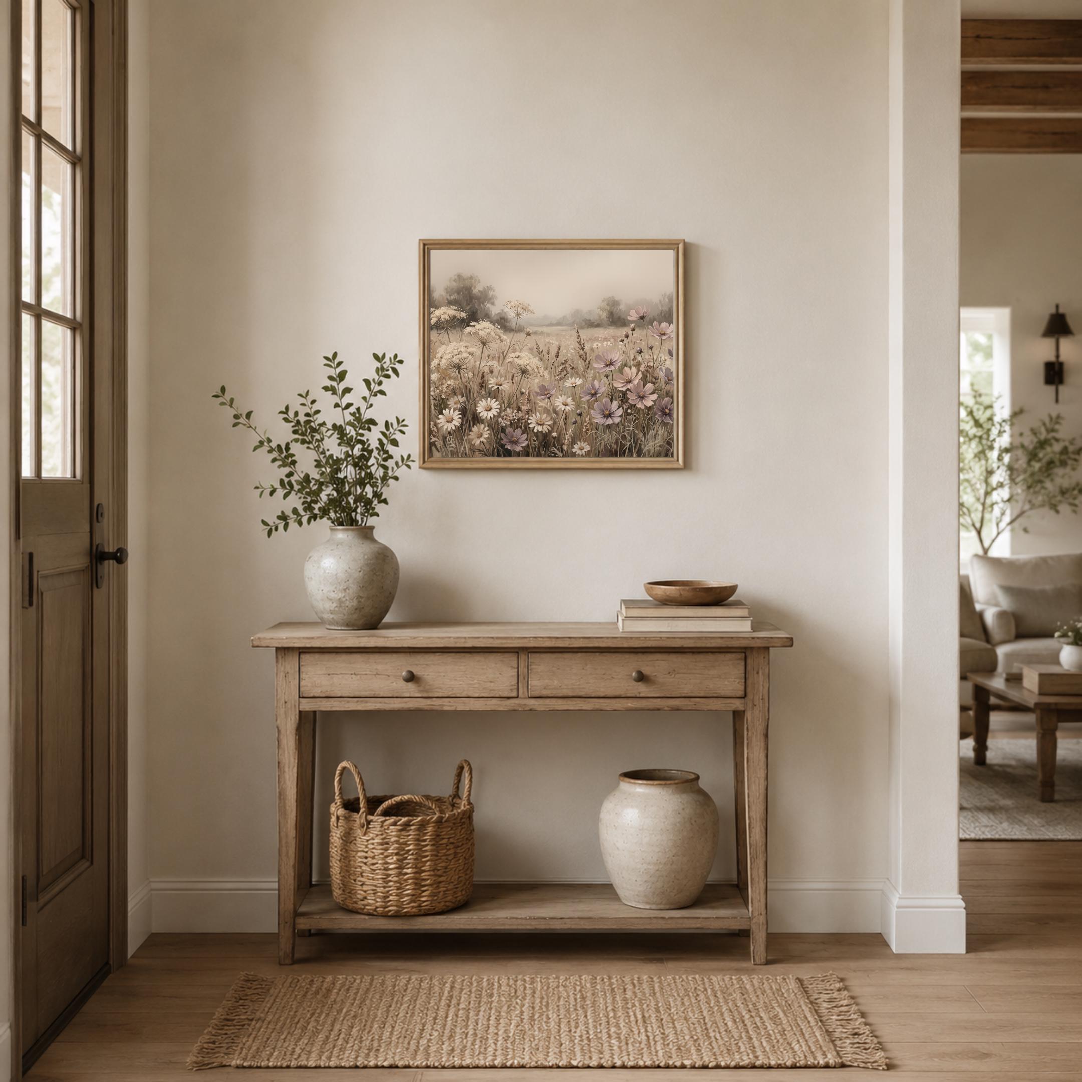 Neutral Floral Landscape Print, Wildflower Meadow Wall Art, Soft Cottage Prints (Digital Download) — image 6