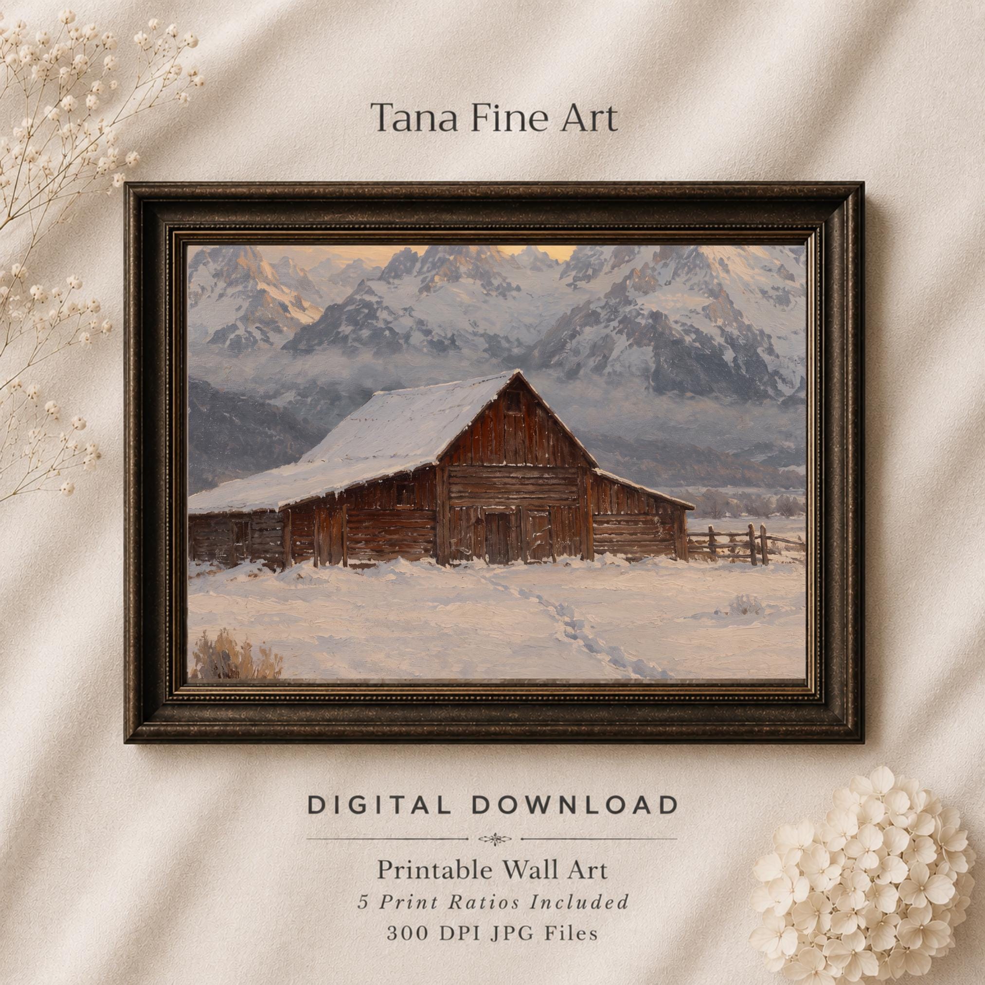 Wooden Barn beneath Snowy Peaks