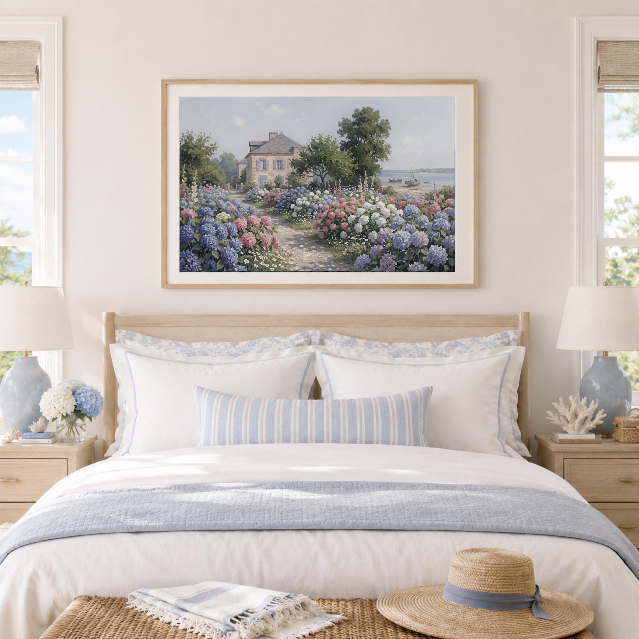 Coastal Hydrangea Garden Print, Seaside Cottage Floral Landscape, Summer Decor (Digital Download) — image 5