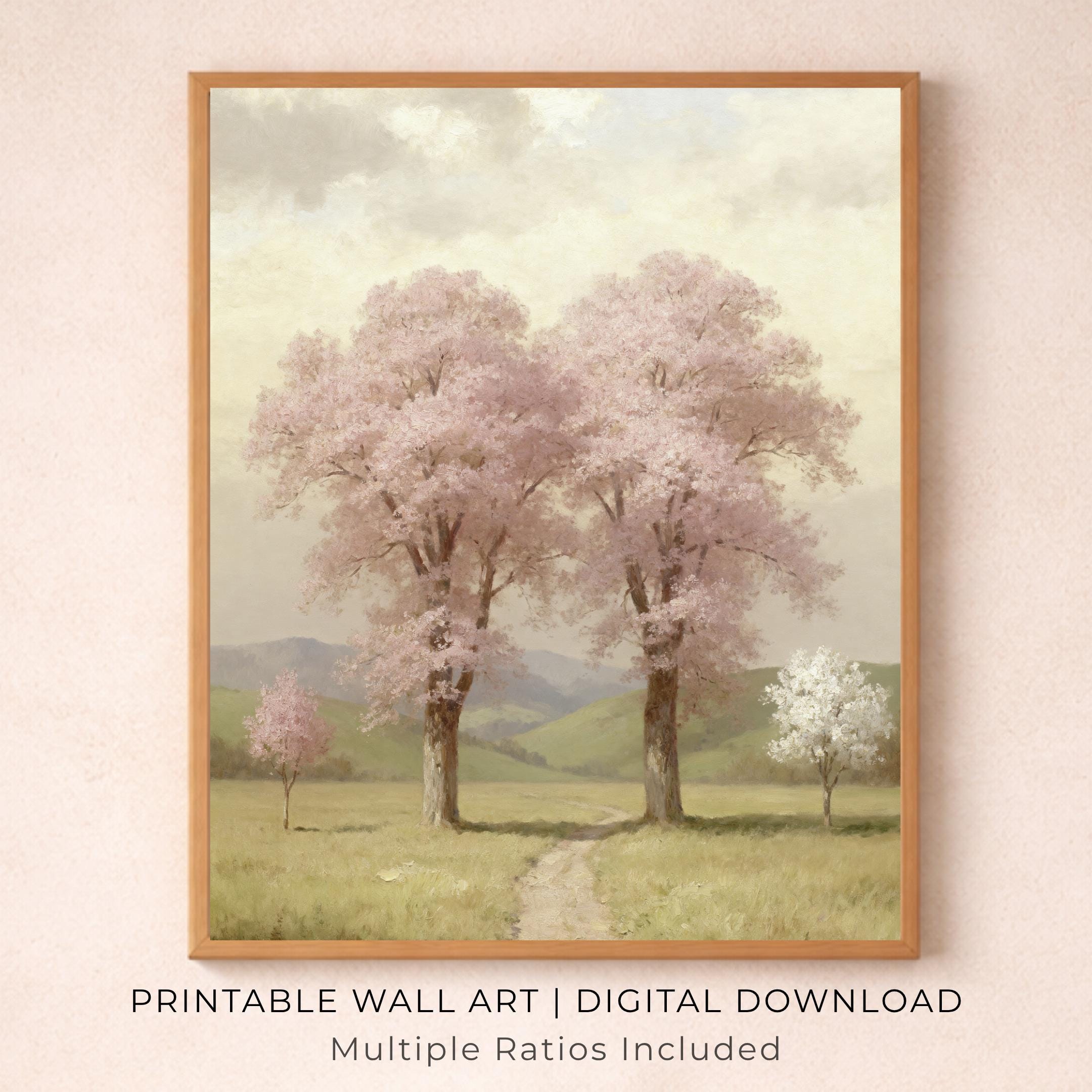 Pink Blossom Tree Landscape Wall Art Printable – Spring Nature Art (Digital Download)