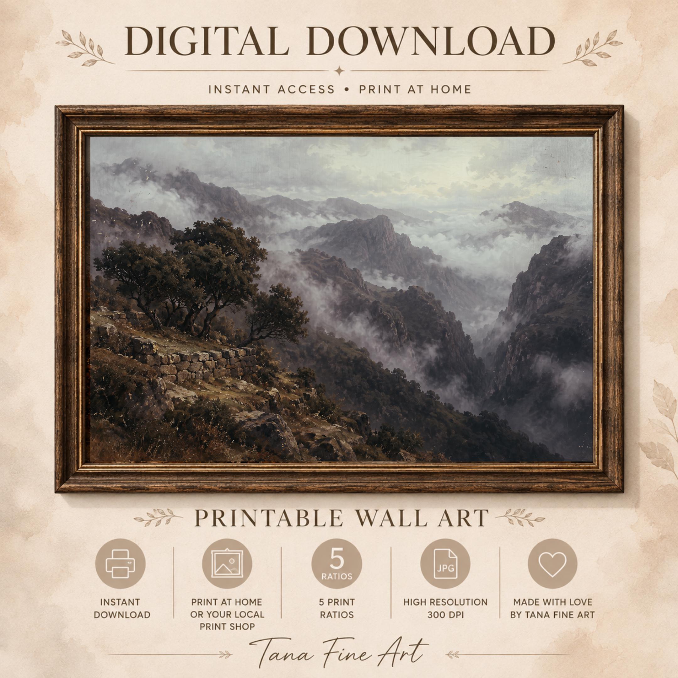 Vintage Misty Mountain Wall Art, Moody Valley Landscape, Rustic Wilderness Dark Academia, Digital Download — image 8