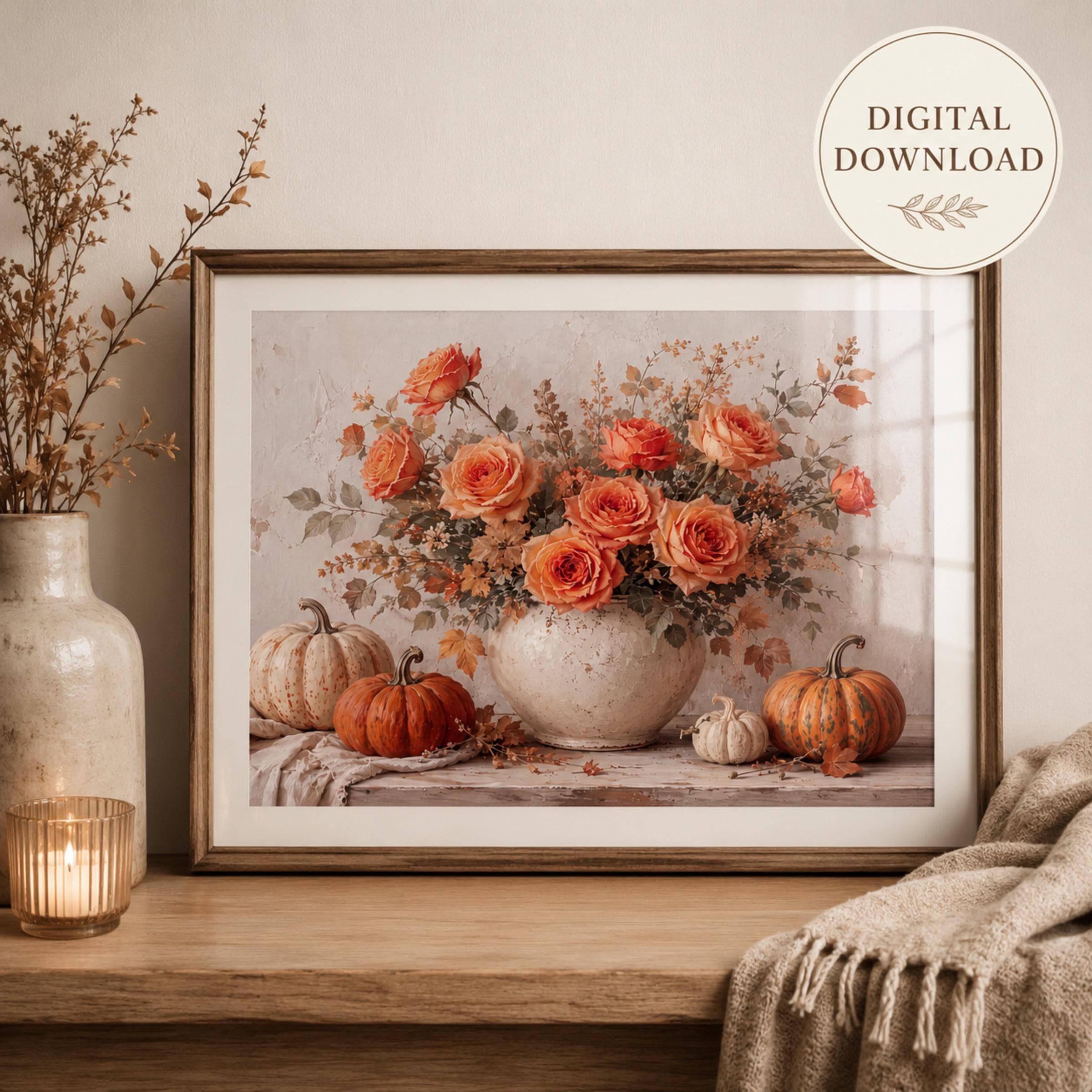 Autumn Rose Pumpkin Wall Art, Vintage Floral Still Life Printable Digital Download