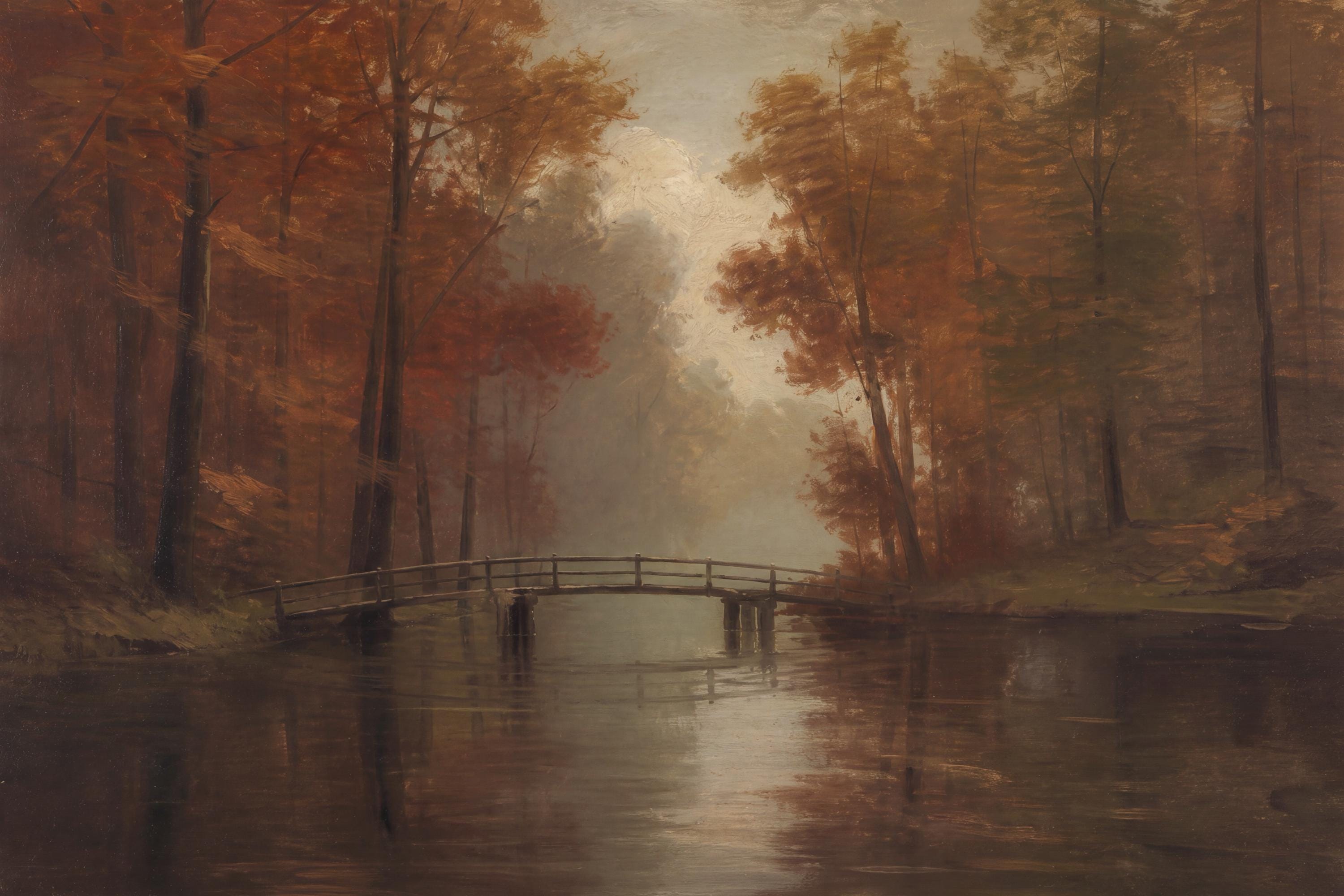 Moody Fall Forest Wall Art | Autumn River Bridge Print | Vintage Landscape Printable Digital Download — image 4