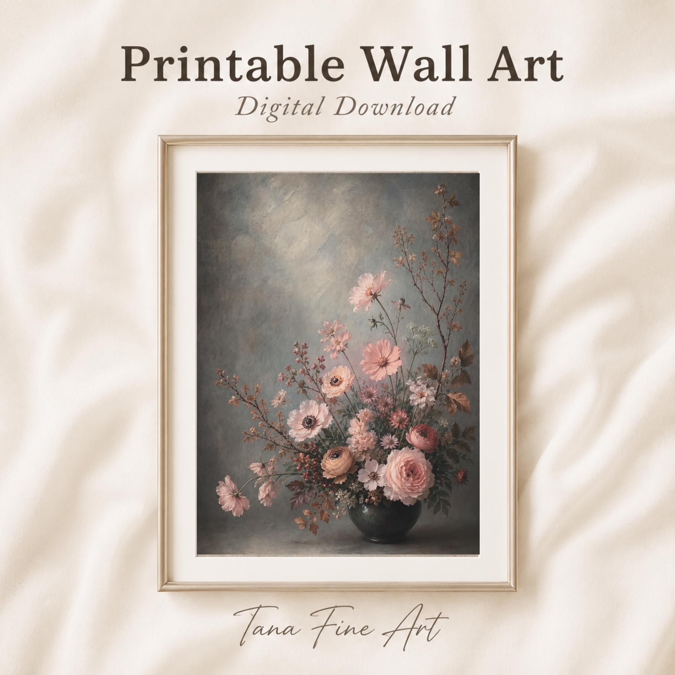 Moody Fall Floral Vase Printable Wall Art, Blush Botanical Dark Cottage Decor Digital Download — image 4