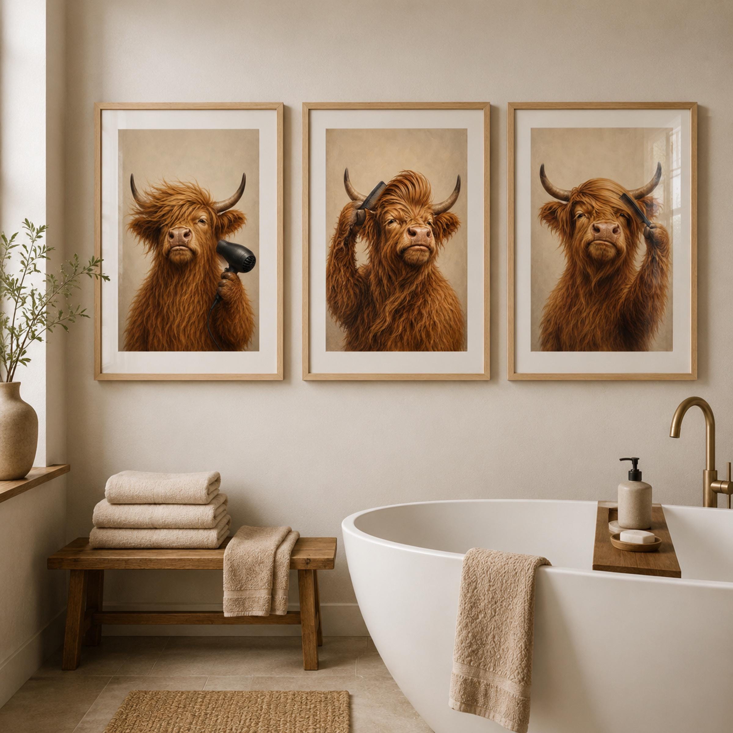 Funny Highland Cow Bathroom Printable Wall Art Set, Three Grooming Decor Prints Digital Download — image 2