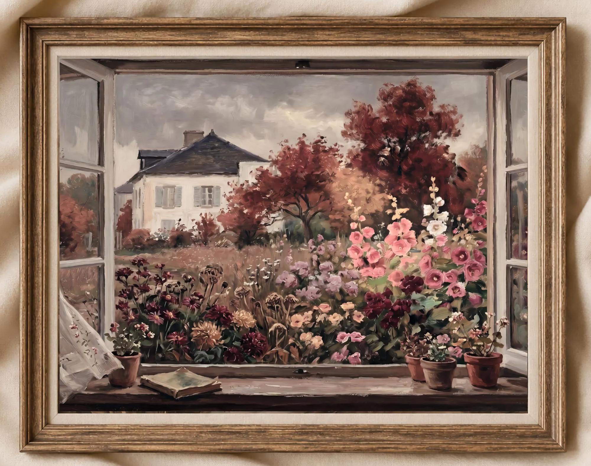 Autumn Cottage Window Wall Art, Moody Floral Garden Landscape, Rustic Fall Decor (Digital Download) — image 2