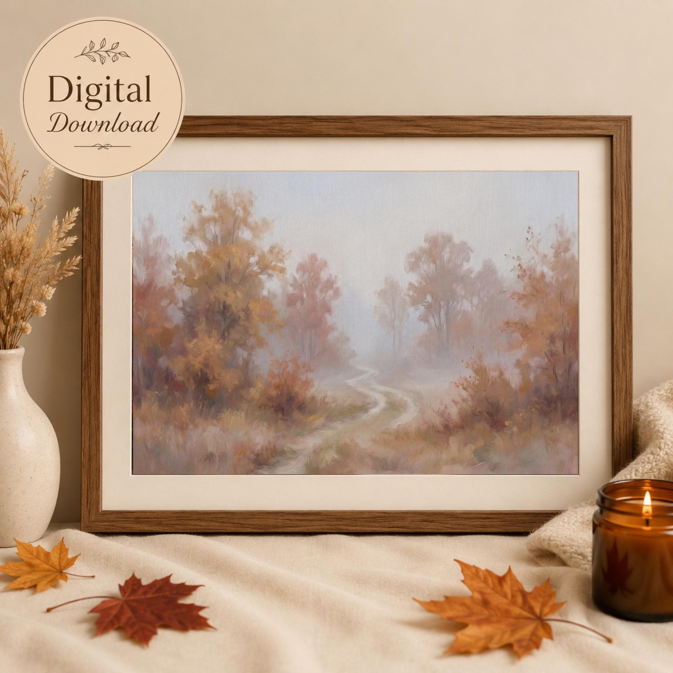 Misty Autumn Path Print, Soft Fall Landscape Wall Art, Rustic Fall Decor (Digital Download)