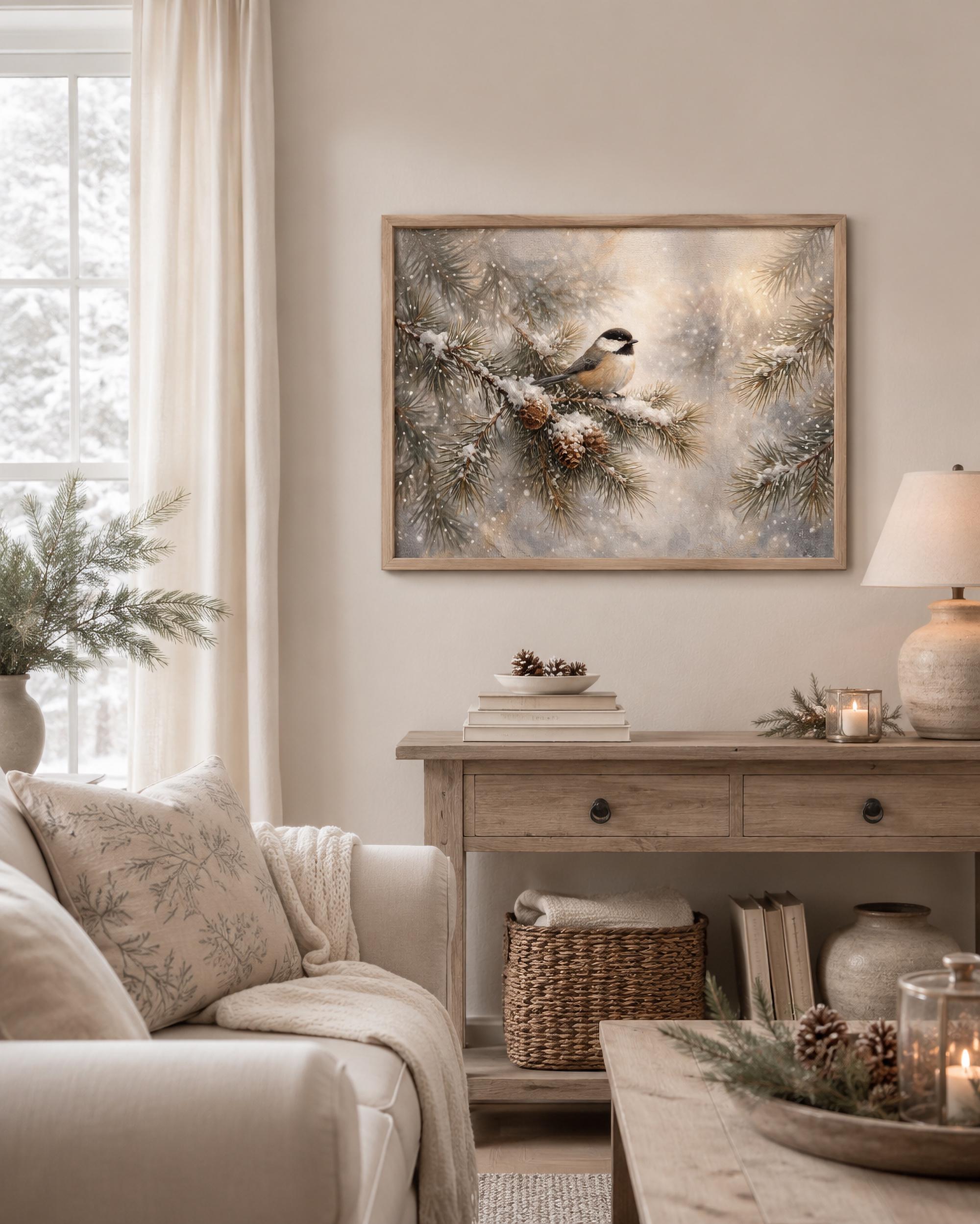 Winter Bird Wall Art Printable | Chickadee Pine Branch Print | Cozy Christmas Decor (Digital Download) — image 2