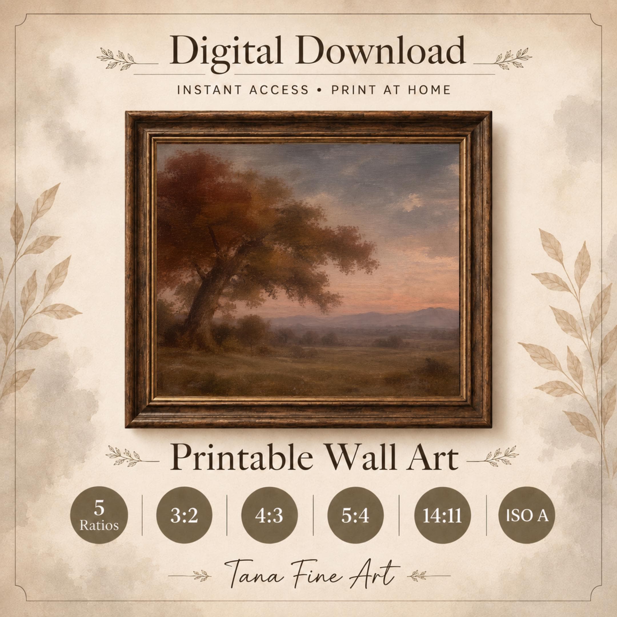 Vintage Autumn Tree Wall Art, Sunset Countryside Landscape, Warm Earthy Rustic Farmhouse, Digital Download — image 7
