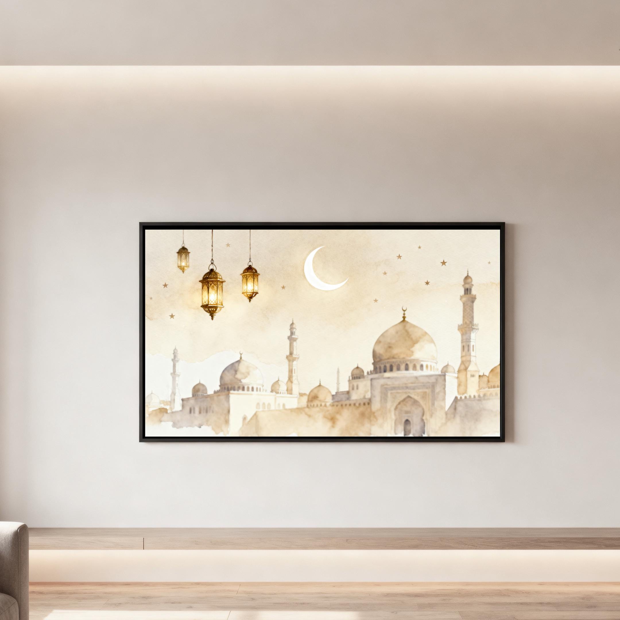 Crescent Mosque Frame TV Art | Neutral Beige Lantern | Islamic Art 4K Digital Download — image 5