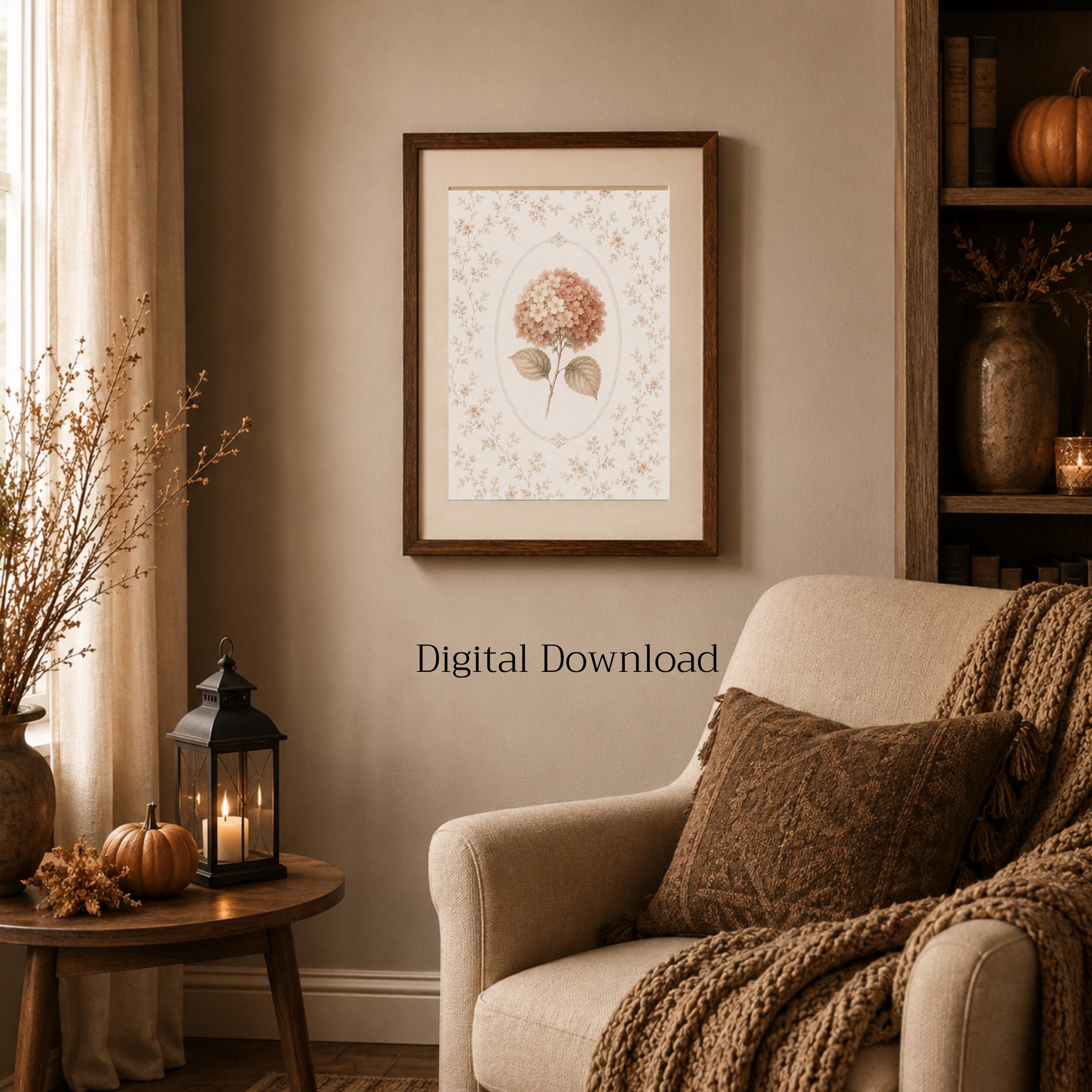 Hydrangea Printable Wall Art | Peach Floral Botanical Print | Vintage Autumn Cottage Decor Digital Download — image 5