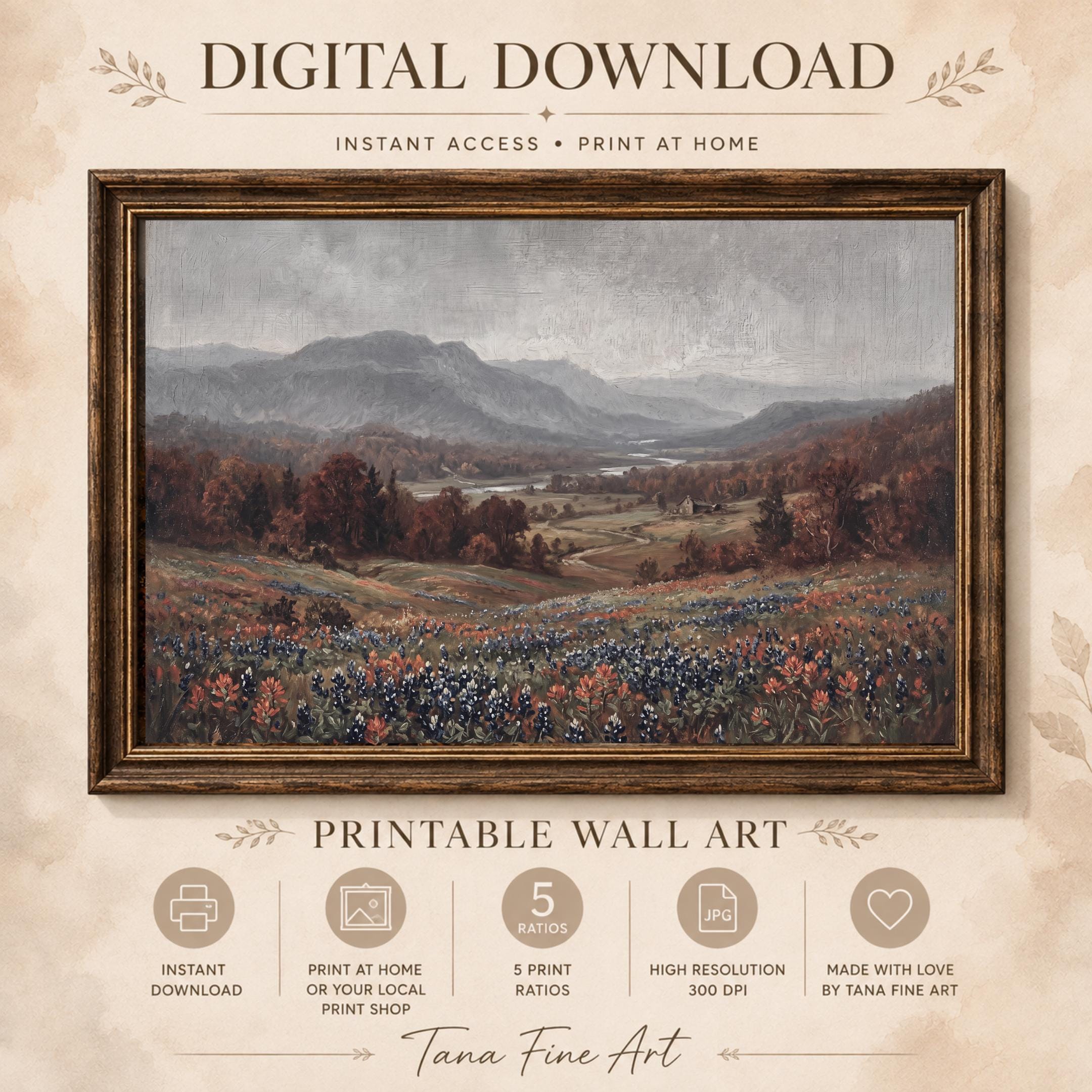 Mountain Meadow Wall Art | Vintage Wildflower Landscape Print | Fall Nature Printable Digital Download
