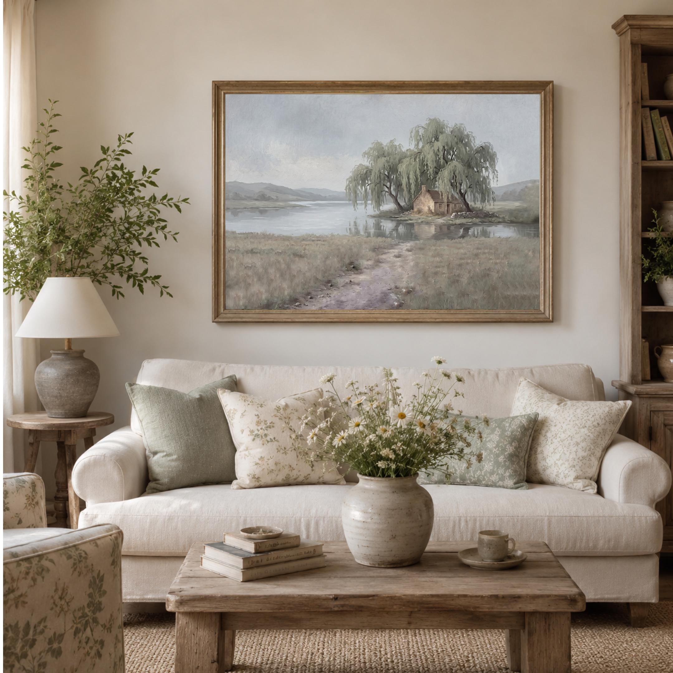 Cottage Lake Landscape Wall Art, Rustic Willow Tree Farmhouse Print (Digital Download) — image 6