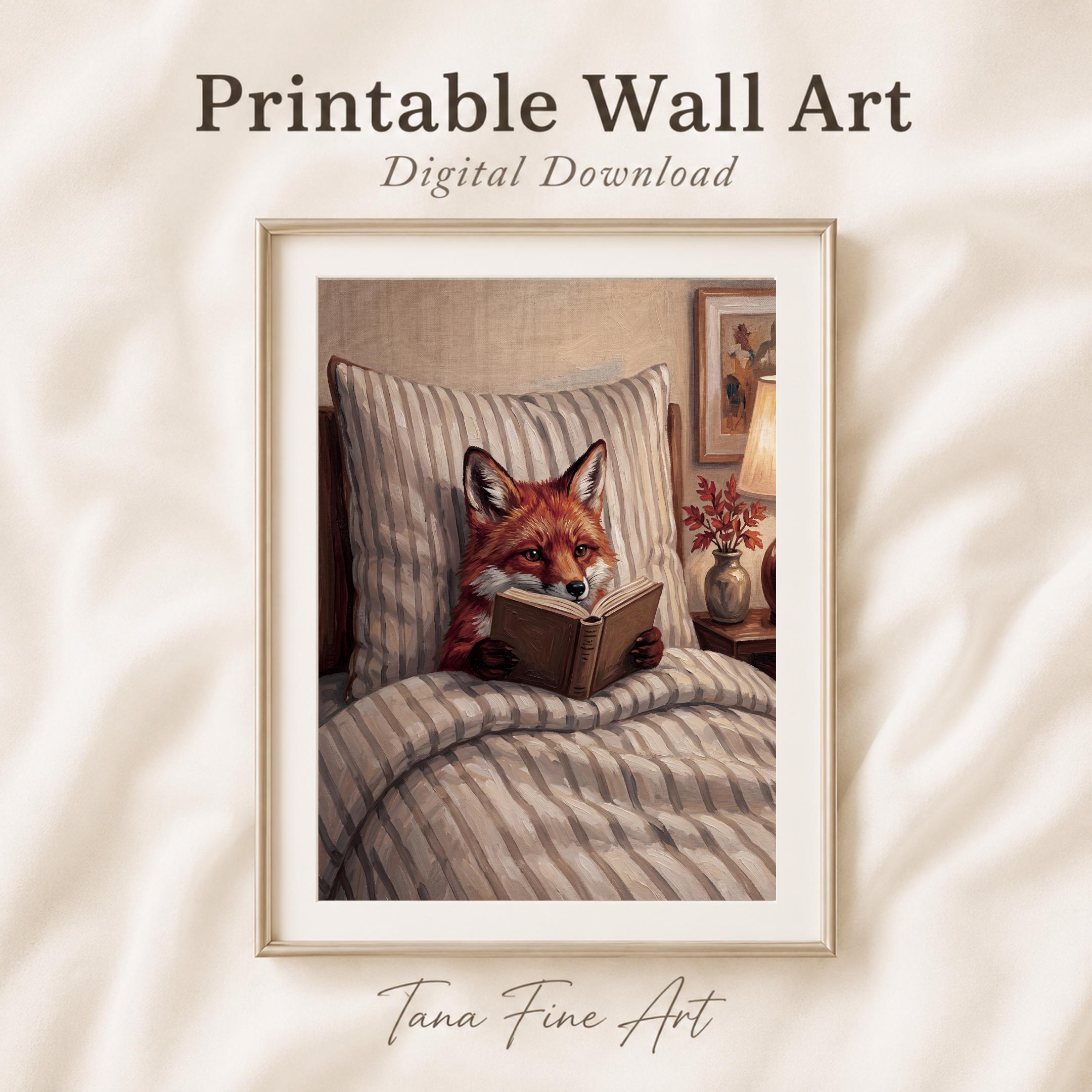 Fox Woodland Nursery Art, Fox Reading in Bed, Cozy, Kids Room Digital Download