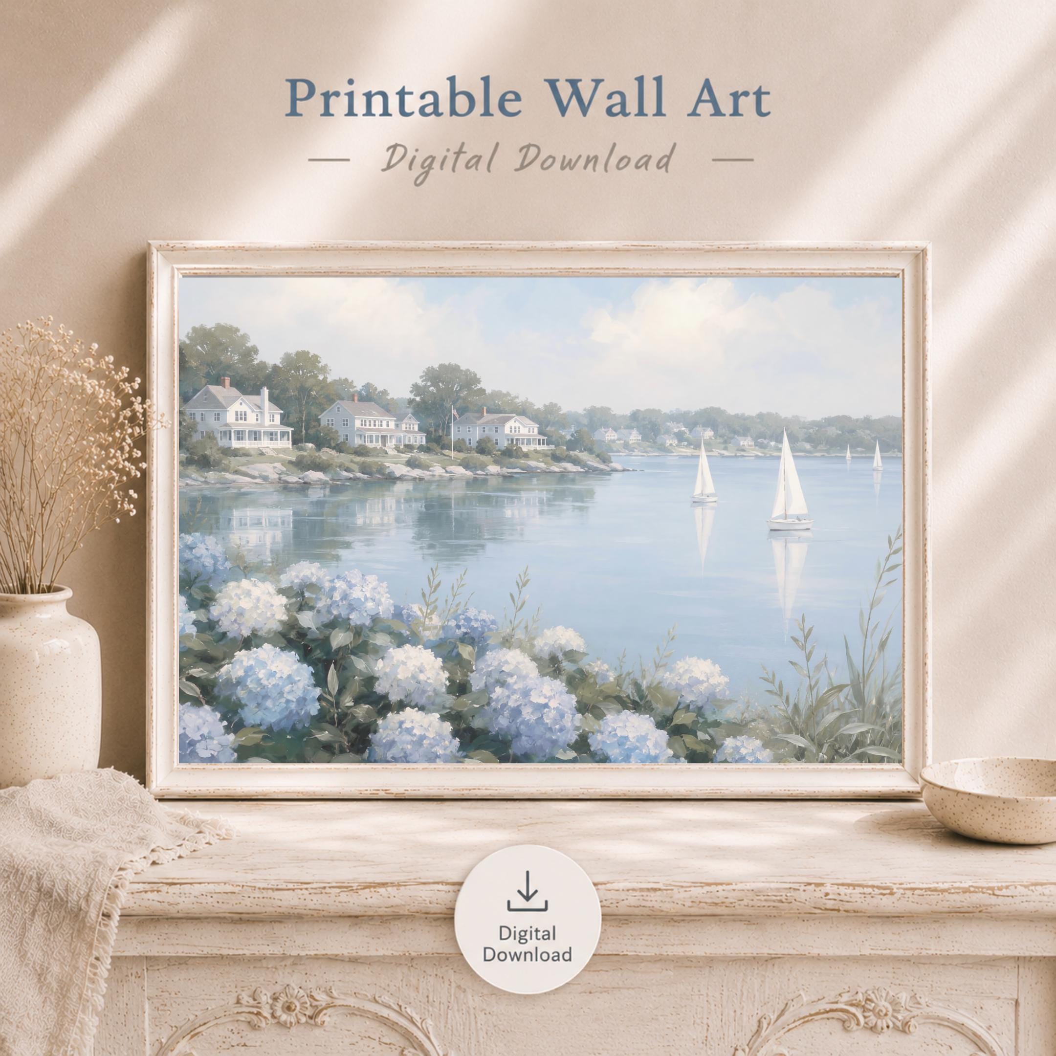 Summer Coastal Hydrangea Sailboat Printable Wall Art, Blue Seaside Cottage Home Decor Digital Download — image 5