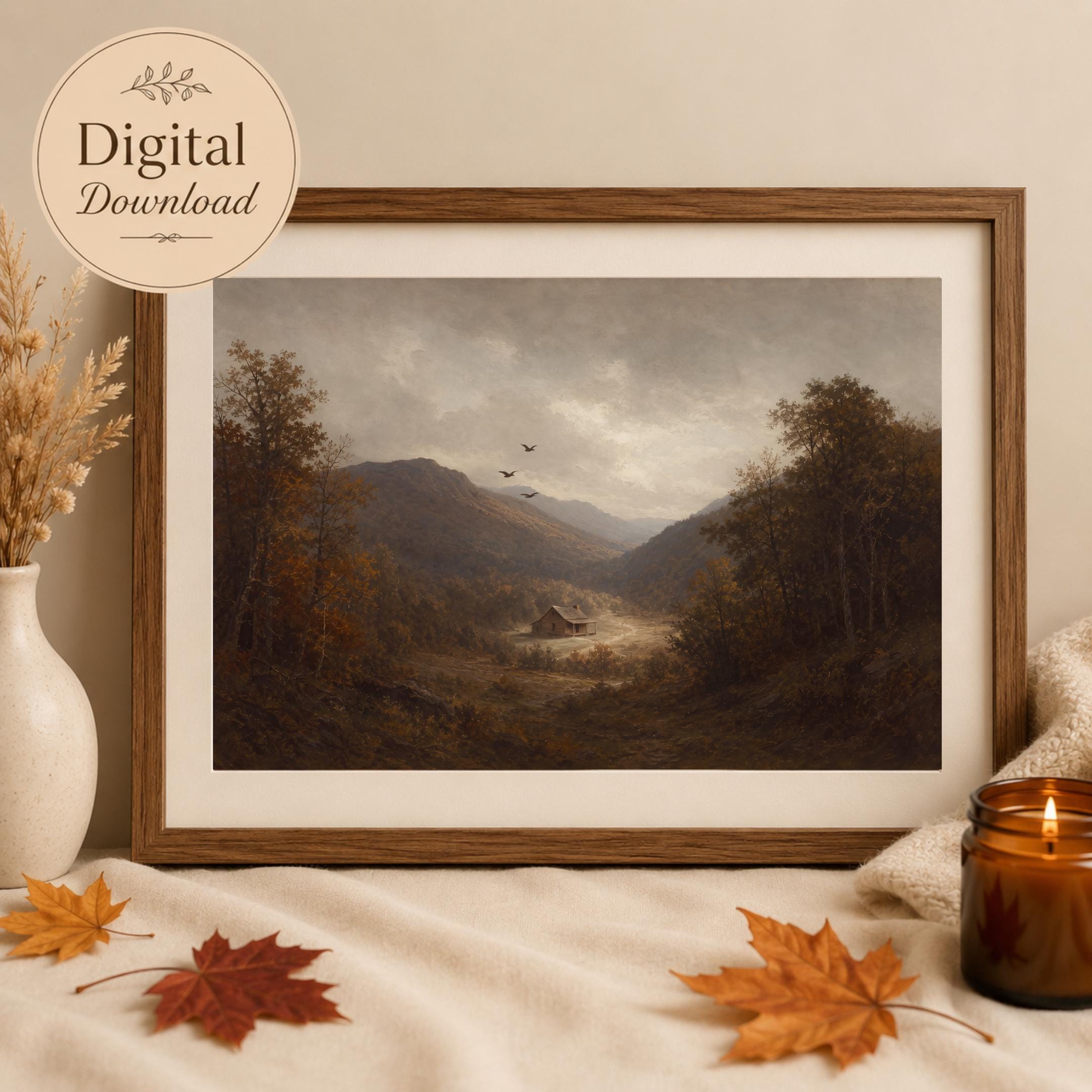 Moody Fall Mountain Cabin Printable Wall Art, Vintage Autumn Landscape Digital Download — image 6