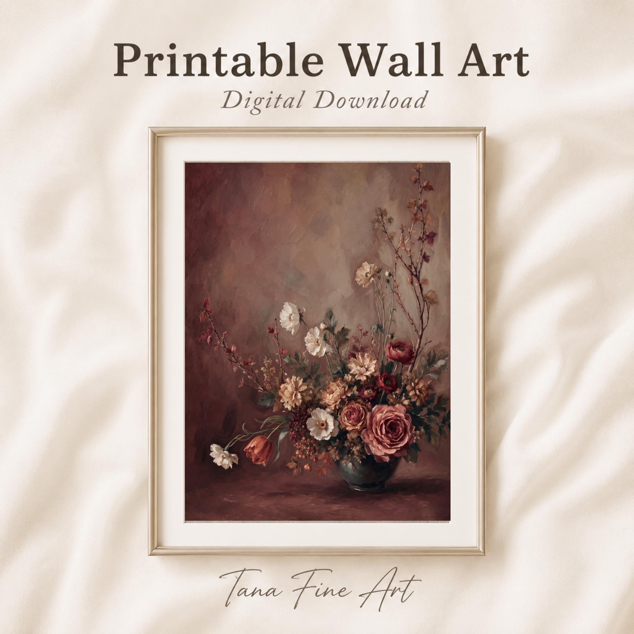 Moody Burgundy Floral Art Print, Fall Roses Still Life, Dark Autumn Decor (Digital Download) — image 4