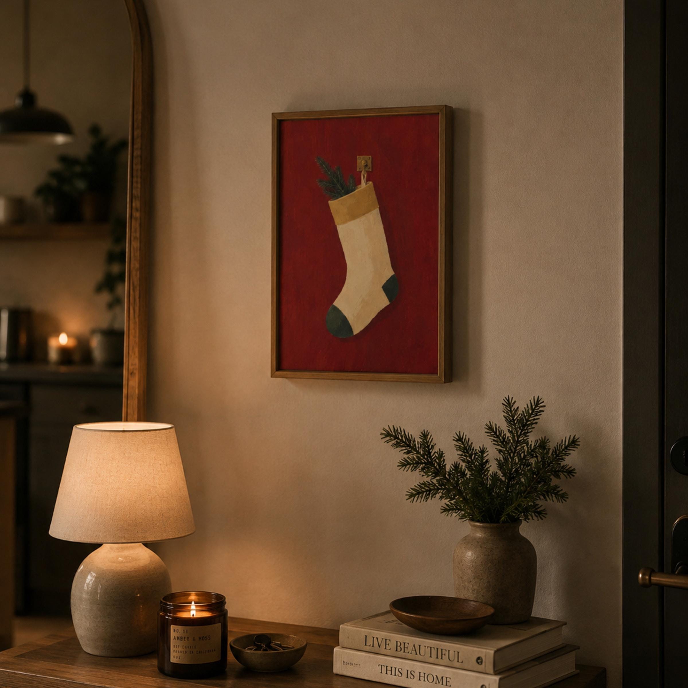 Cream Christmas Stocking on Deep Red — image 2