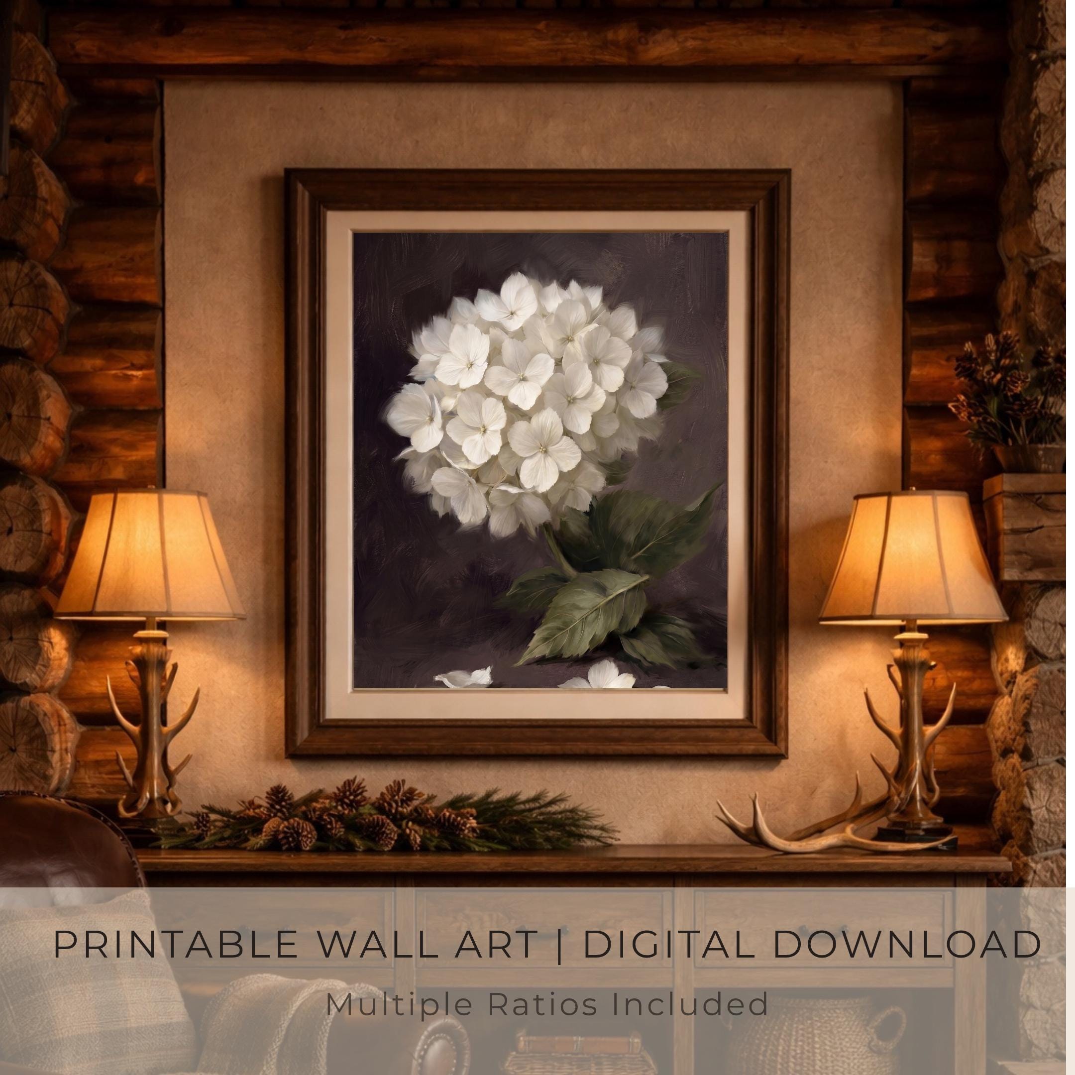 Moody Hydrangea Wall Art, White Floral Botanical Print, Dark Vintage Flower Decor (Digital Download) — image 6