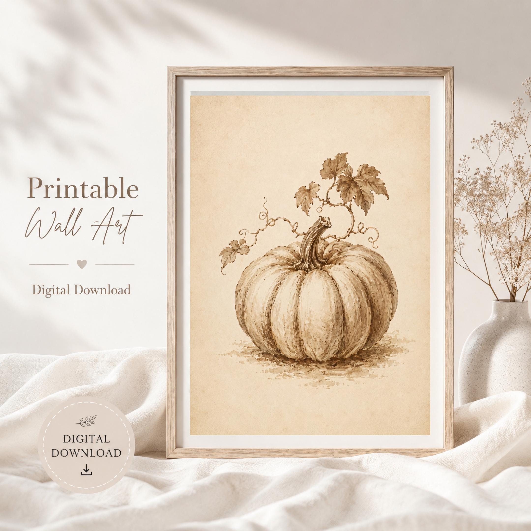 Vintage Pumpkin Sketch Print, Neutral Botanical Autumn Wall Art (Digital Download) — image 4