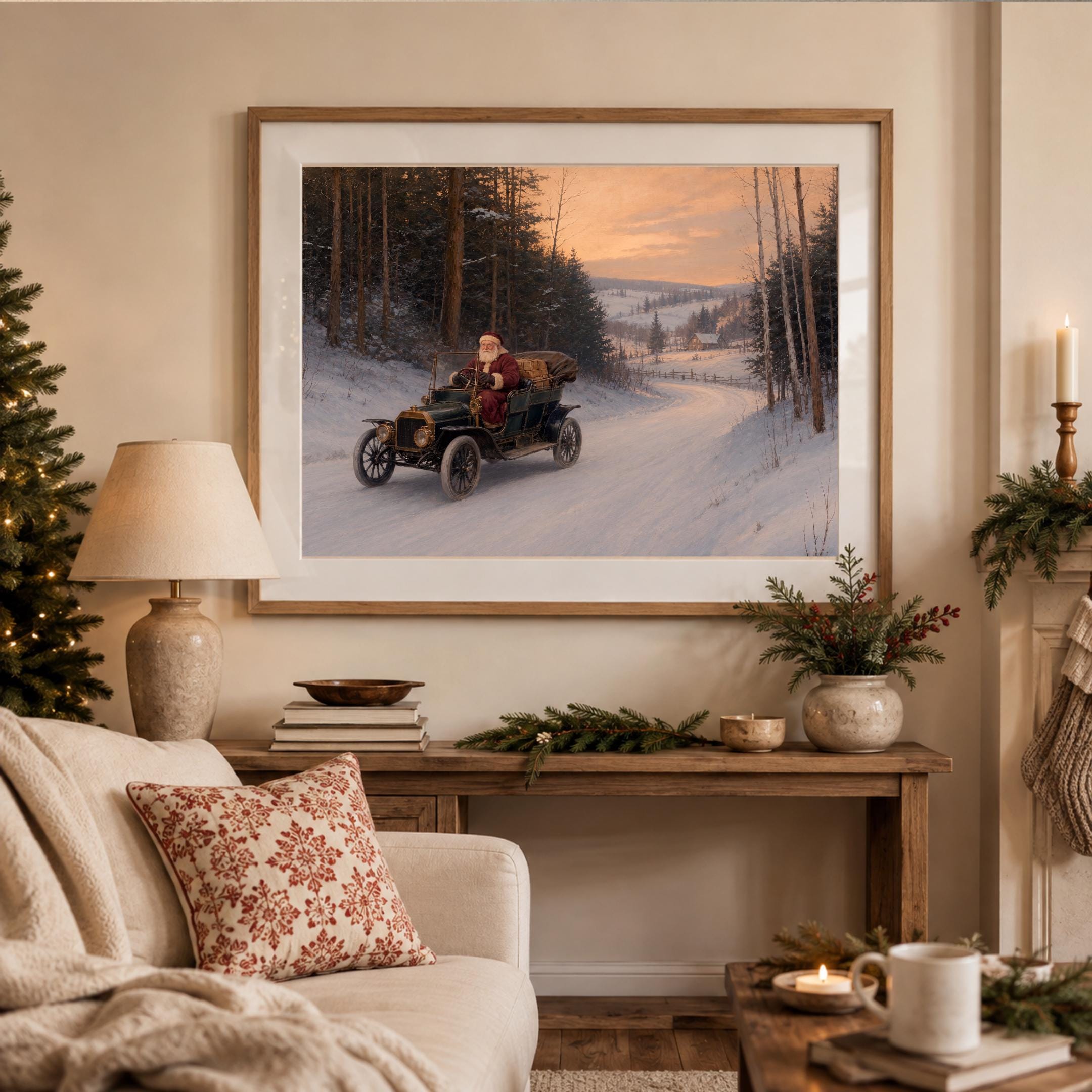 Vintage Santa Driving Car Printable Wall Art, Nostalgic Christmas Digital Download — image 3