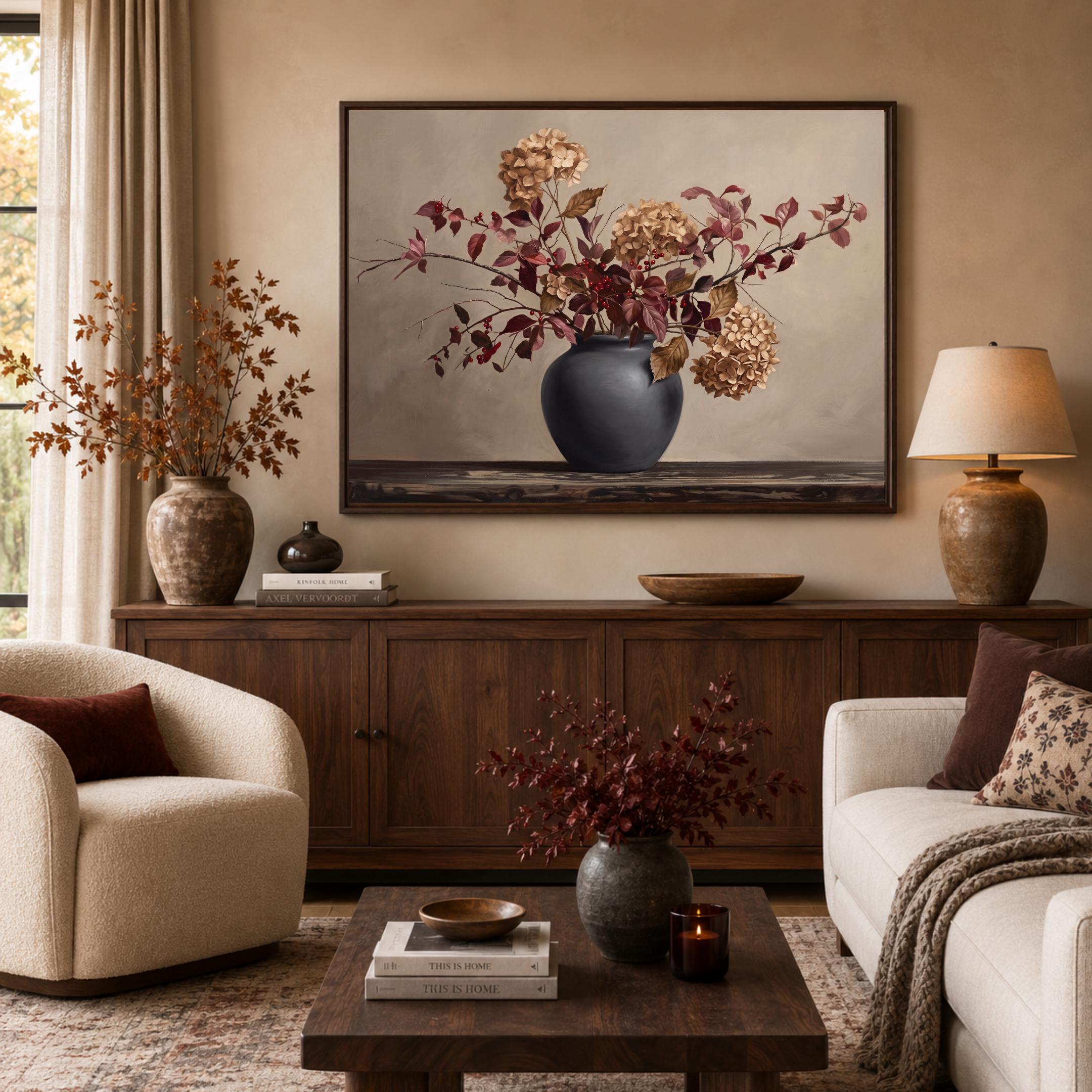 Dried Hydrangea Wall Art, Fall Moody Burgundy Botanical, Dried Flower Print (Digital Download) — image 4