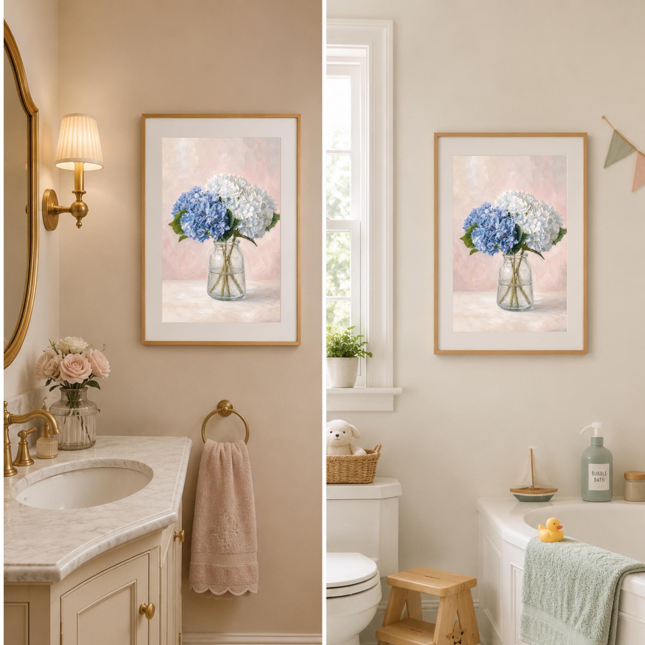 Blue Hydrangea Floral Vase, Neutral Floral Prints, Soft Pink Cottage Wall Art (Digital Download) — image 6