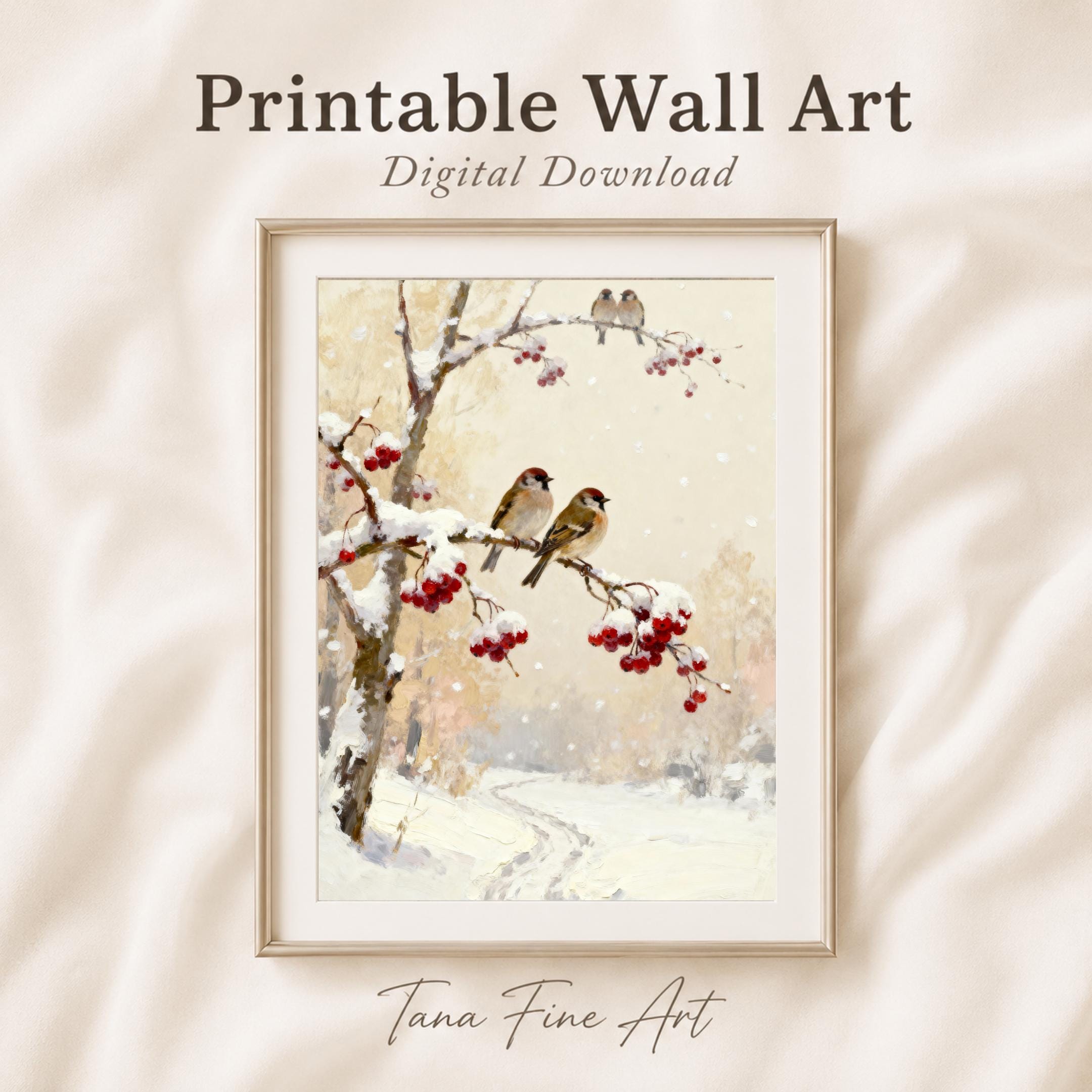 Winter Bird Wall Art | Snowy Red Berry Print | Christmas Printable Digital Download — image 8