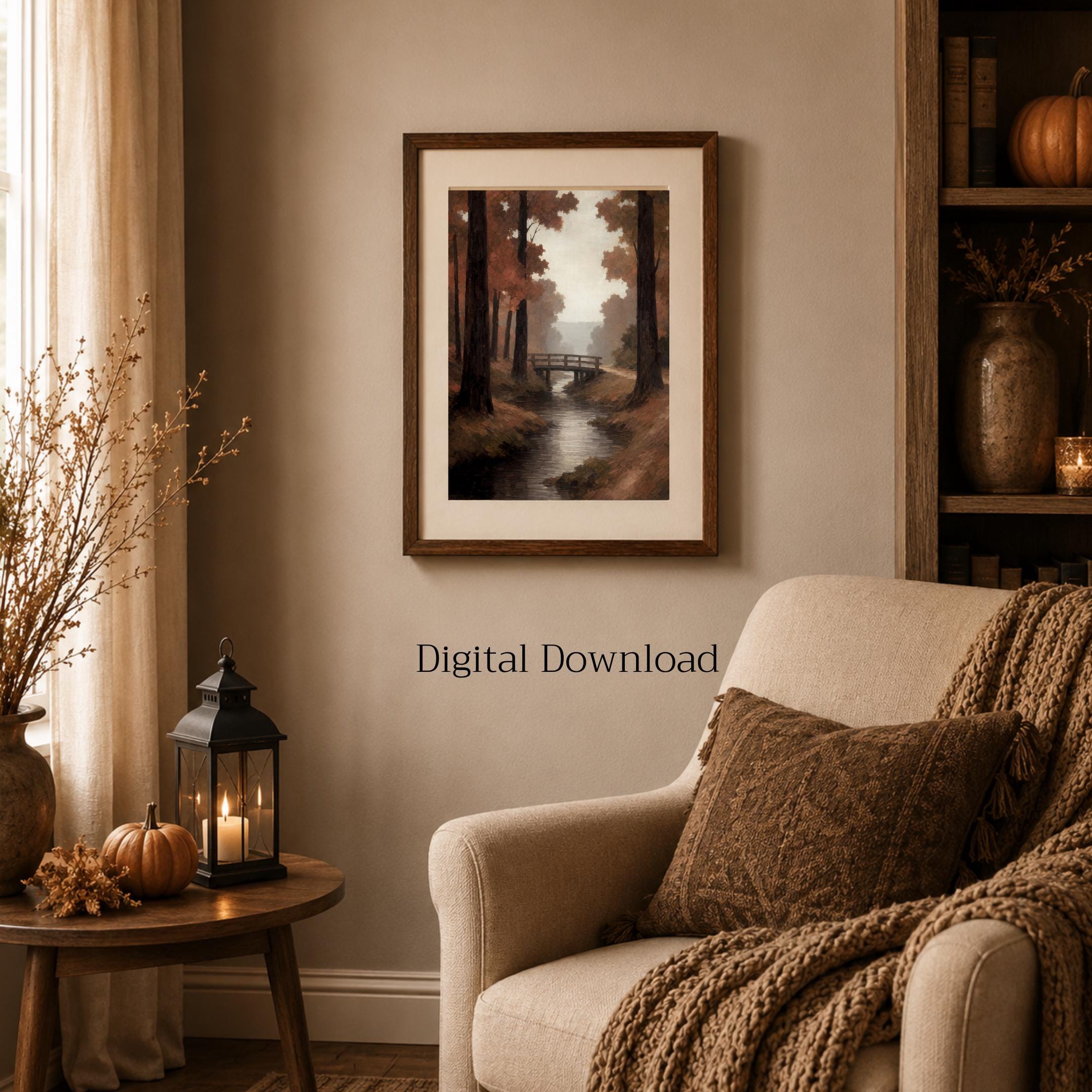 Fall Stream Wall Art | Autumn Forest Bridge Print | Moody Printable Digital Download — image 3