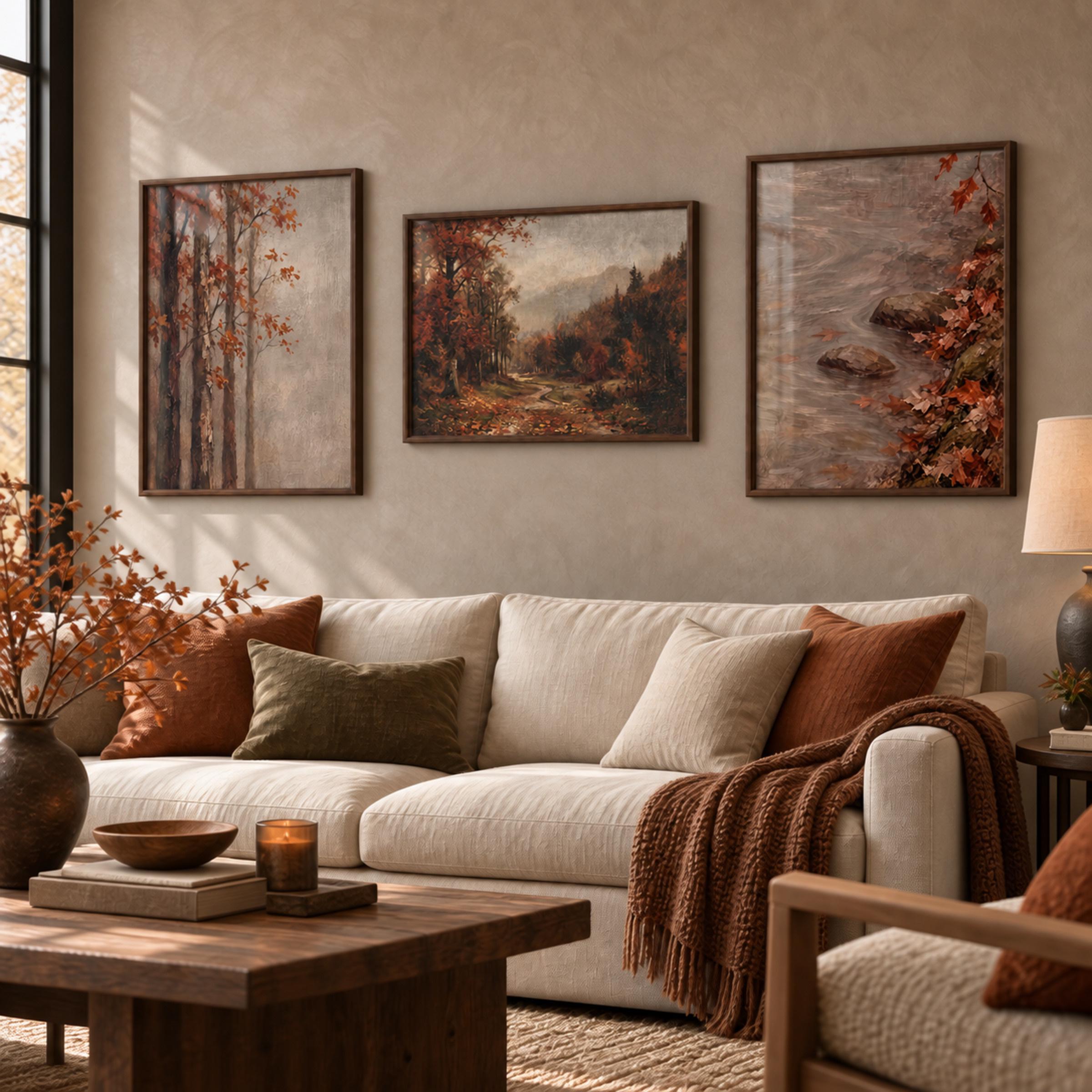 Fall Wall Art Set of 3 Printable, Rustic Autumn Forest Landscape Prints, Digital Download — image 2