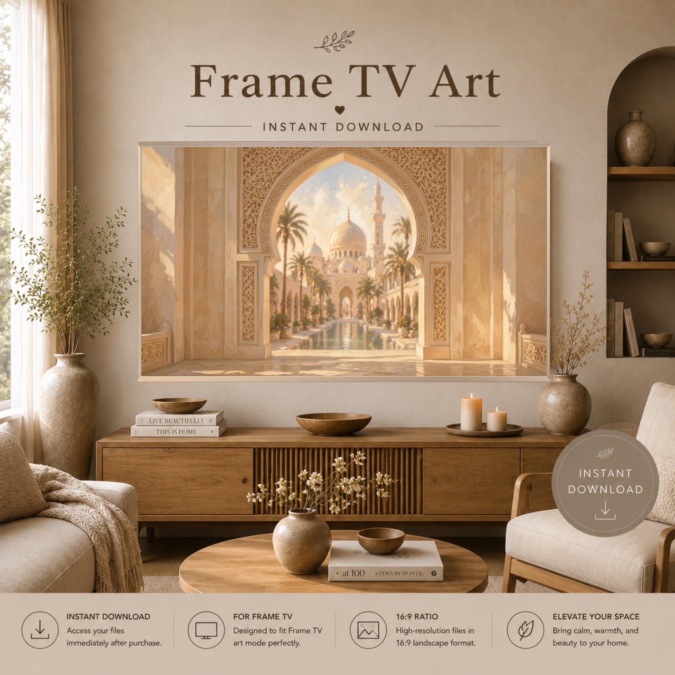 Islamic Frame TV Art | Neutral Courtyard Arch | Mosque View 4K Art Mode Digital Download — image 2