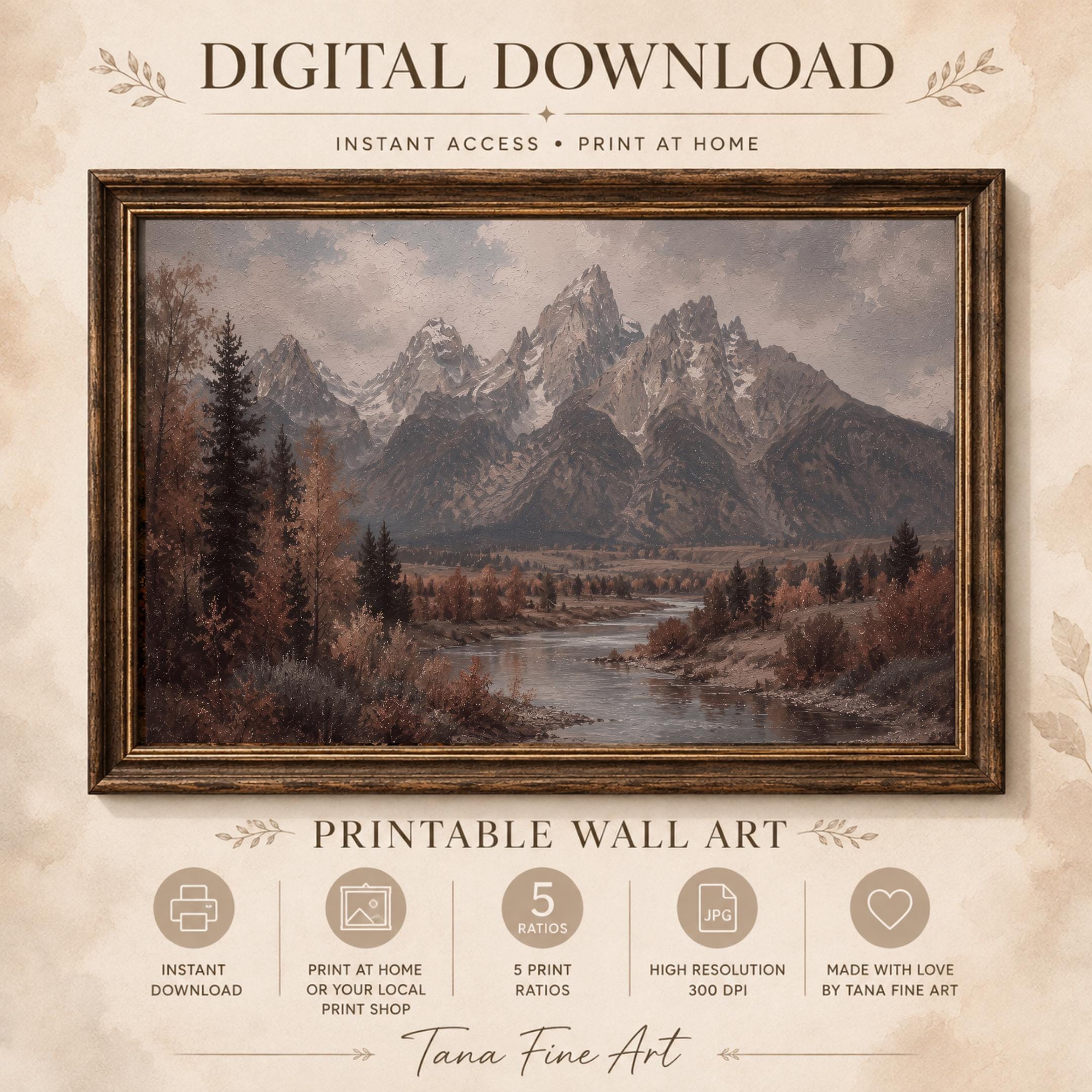 Mountain Landscape Wall Art | Moody Vintage Mountain Print | Fall Nature Printable Digital Download