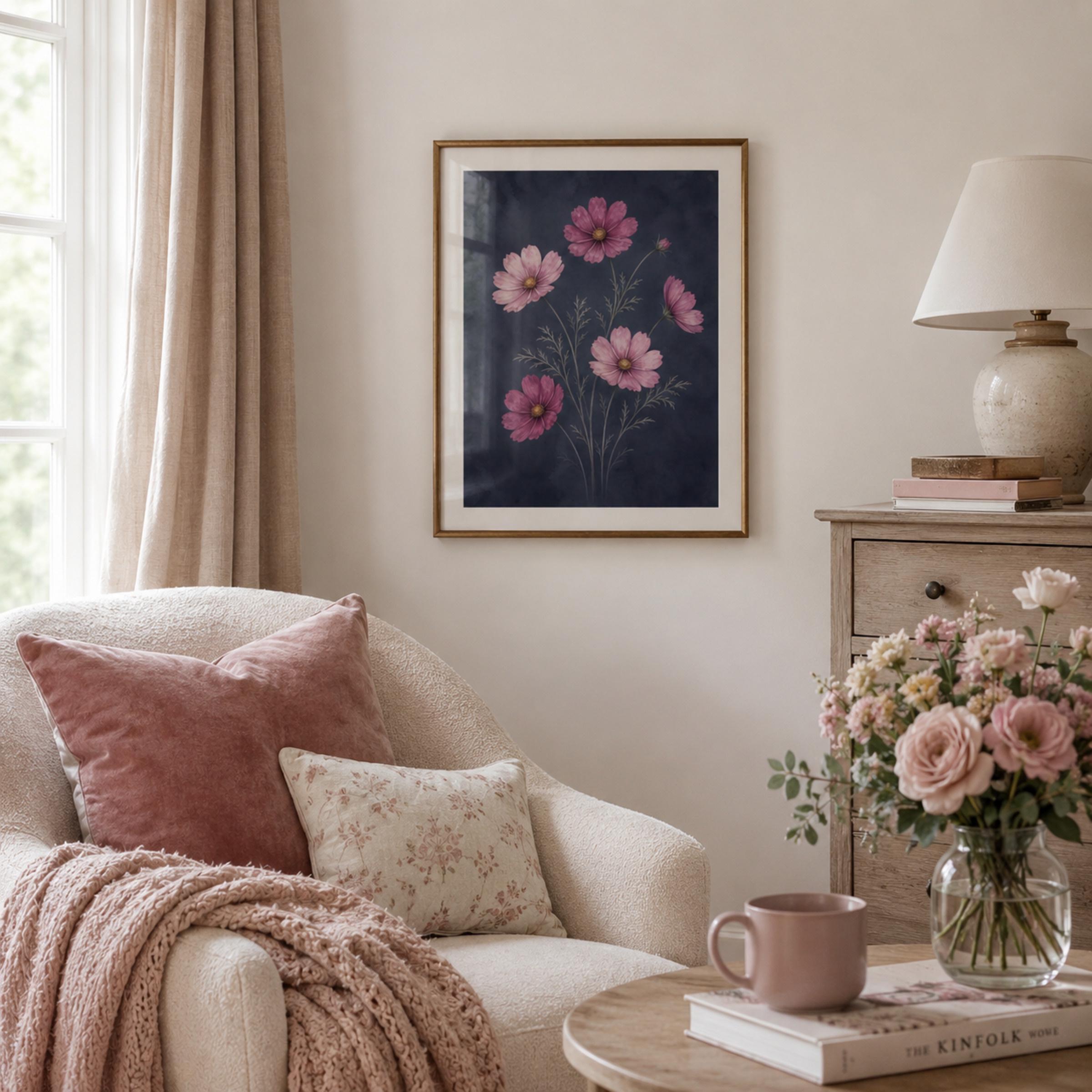 Moody October Birth Flower Print | Cosmos Flower Wall Art | Botanical Digital Download — image 3