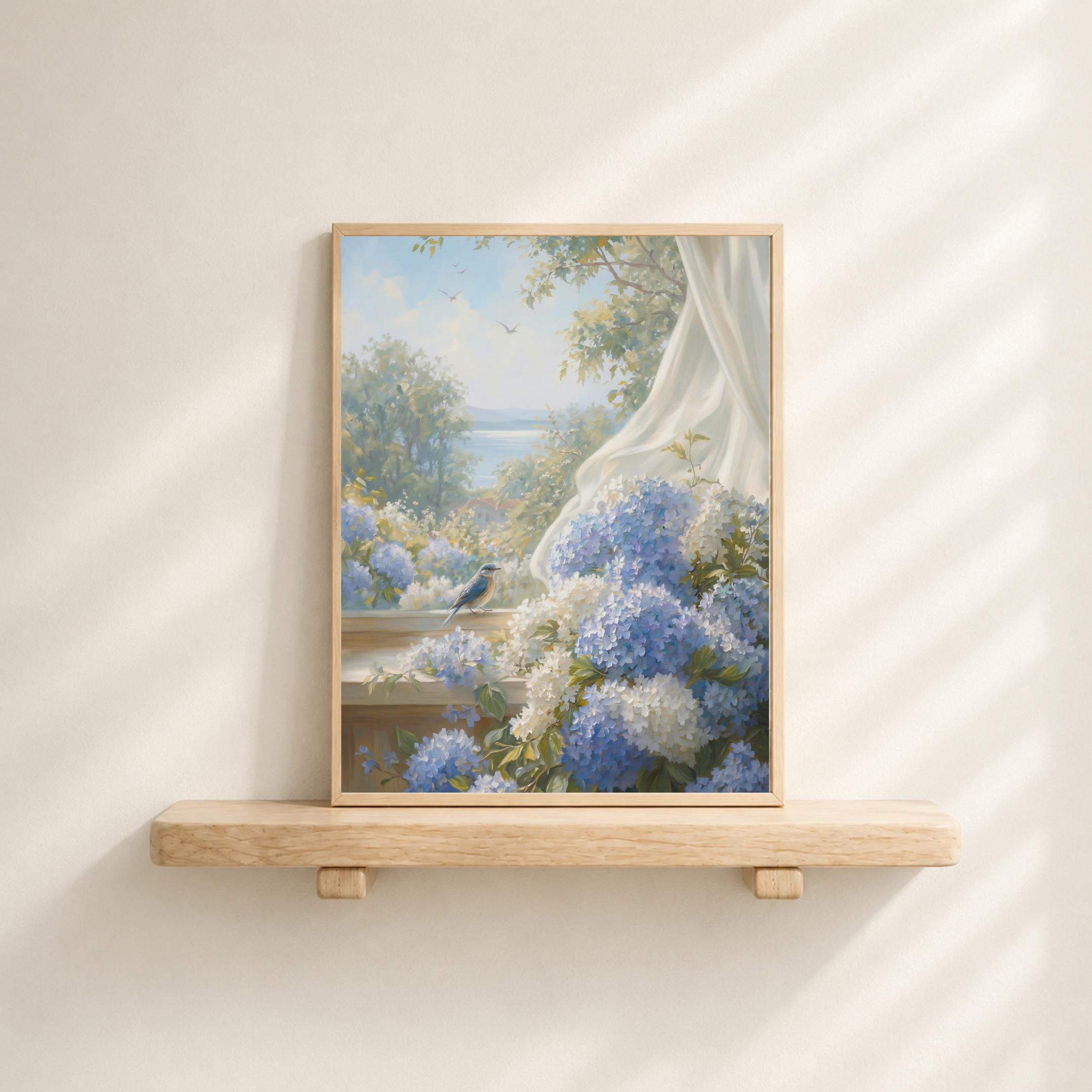 Blue Hydrangea Garden Wall Art | Summer Coastal Cottage Floral Print with Bird (Digital Download) — image 3