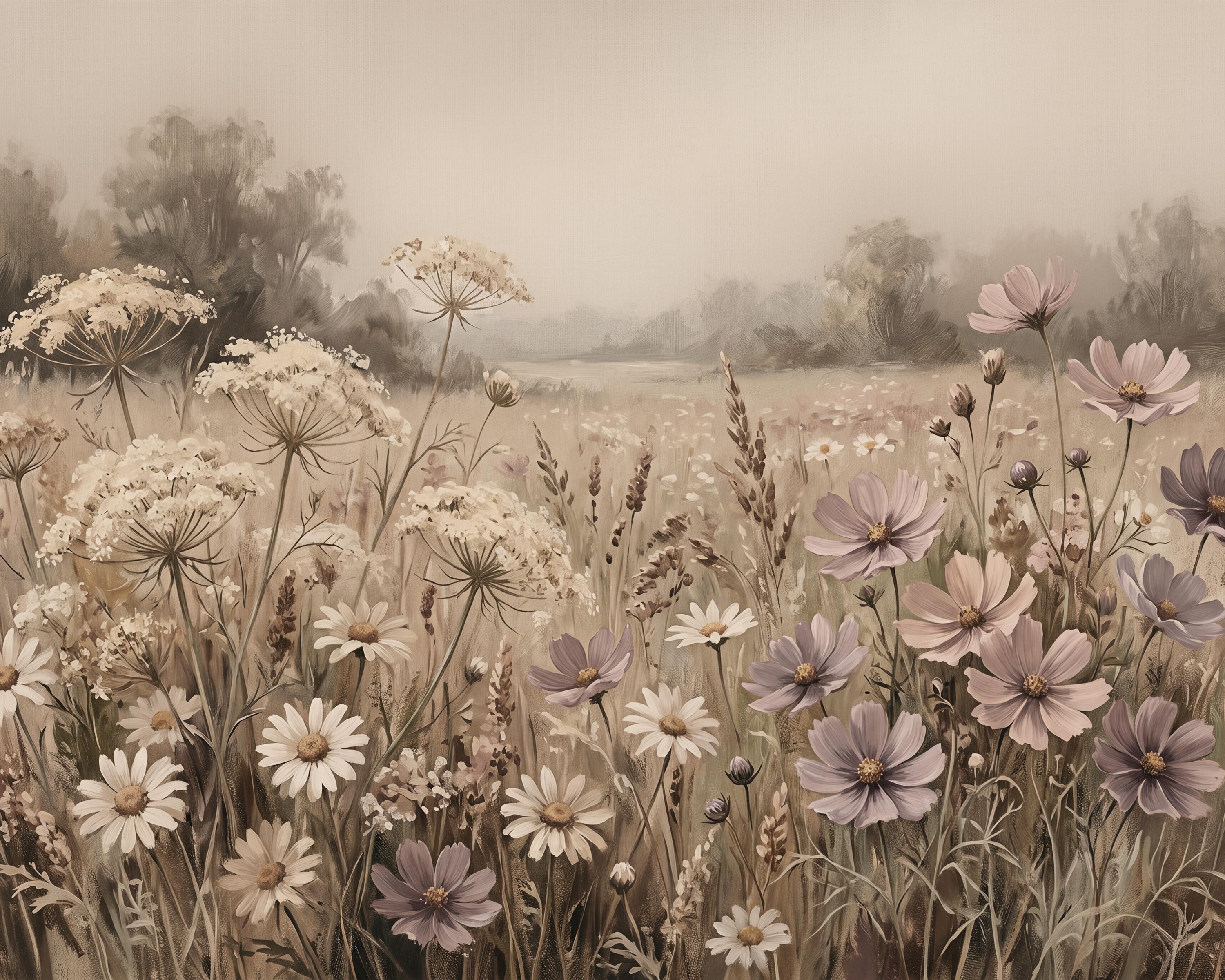 Neutral Floral Landscape Print, Wildflower Meadow Wall Art, Soft Cottage Prints (Digital Download) — image 2